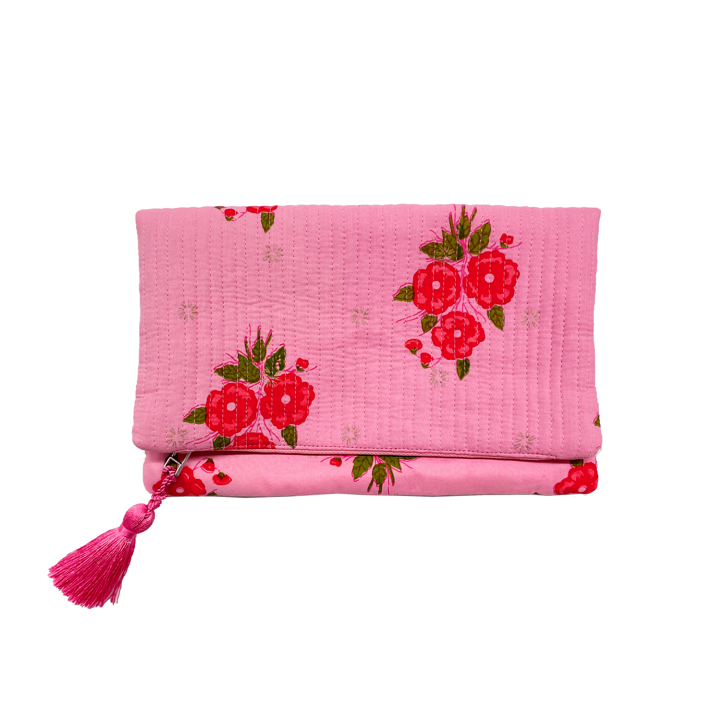 Foldover Clutch/ Travel Jewelry Organizer- Quilted Pink Floral - Quilted Koala