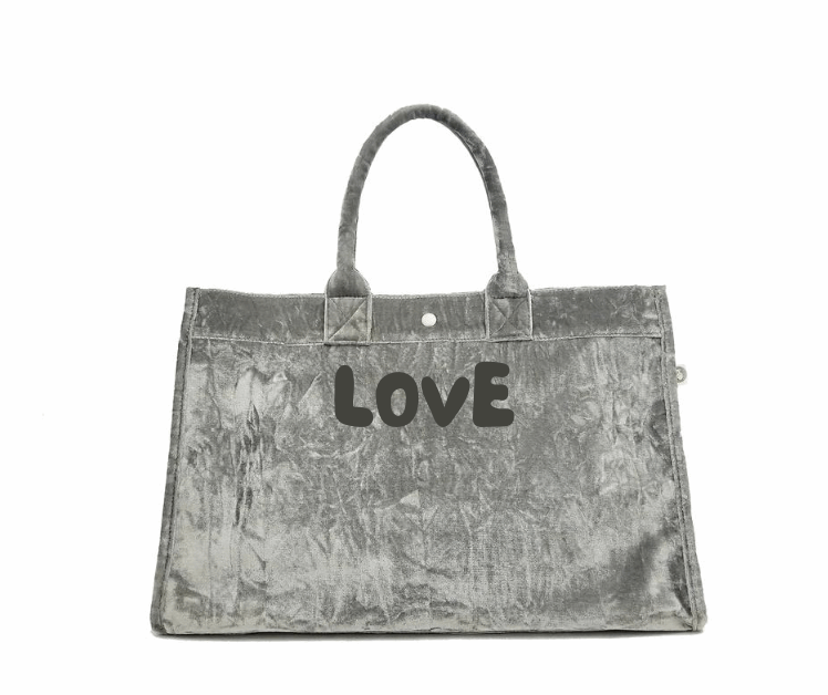 East West Bag: Grey Crushed Velvet LOVE - Quilted Koala