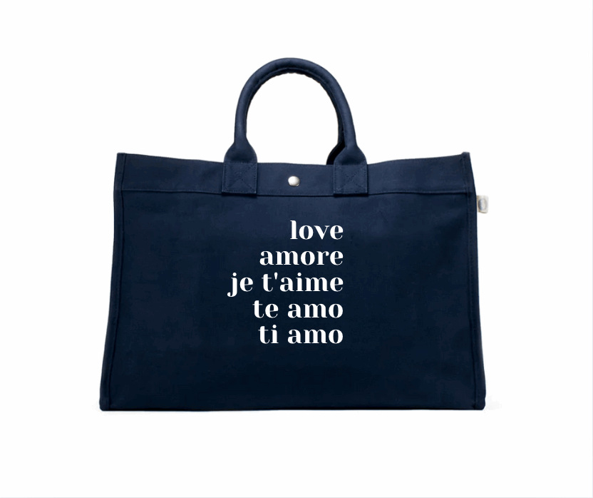 East West Bag: Navy with love, amore, je t'aime te amo ti amo - Quilted Koala