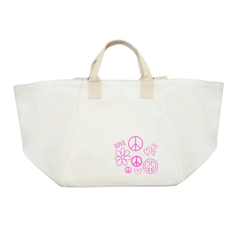 Natural Chelsea Bag with LOVE, HEARTS + PEACE (Pink) NEW! - Quilted Koala