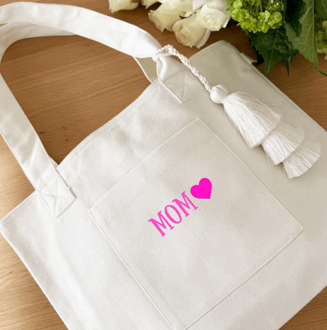 MOM (Heart) - Midi Everything Bag Natural and Pink NEW! - Quilted Koala