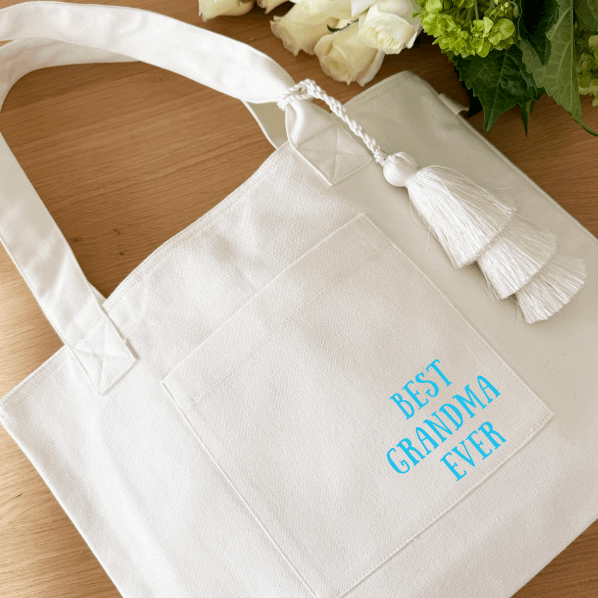 BEST GRANDMA EVER - Midi Everything Bag Natural and Capri Blue NEW! - Quilted Koala