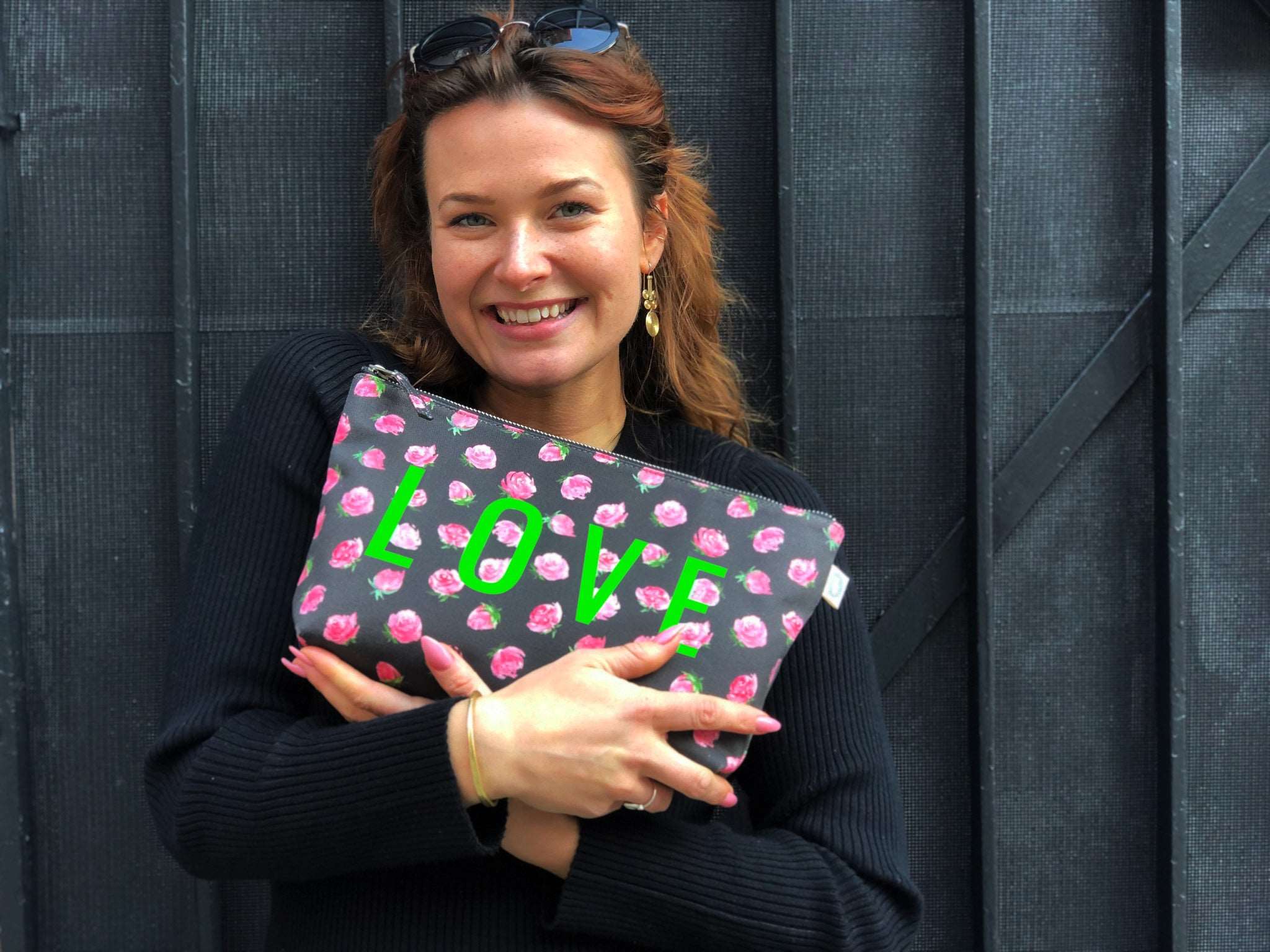 Clutch Bag: Black Floral with Neon Green LOVE - Quilted Koala