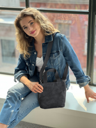 Midi Town Crossbody Bag: Black Vegan Suede - Quilted Koala