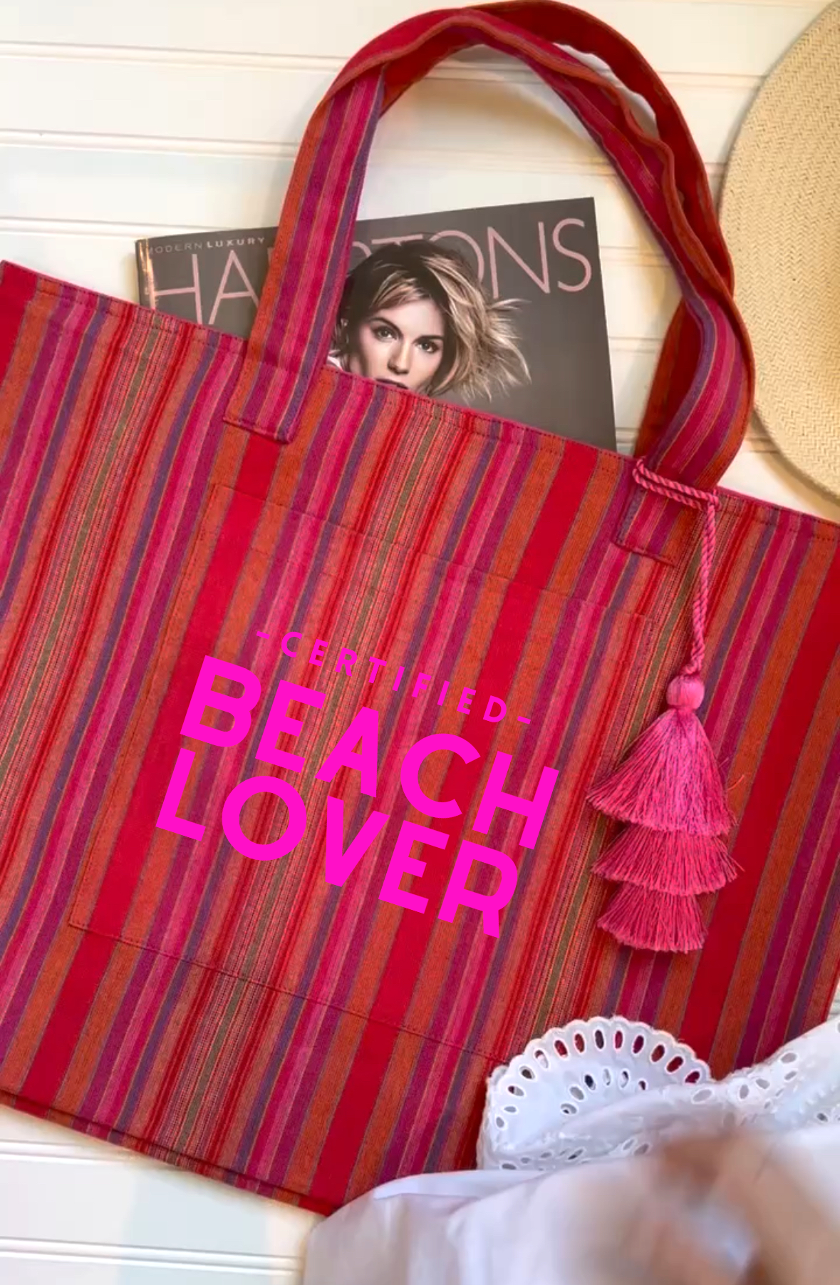 Pink Happy Stripe Everything Bag - Neon Pink Matte Certified Beach Lover - Quilted Koala