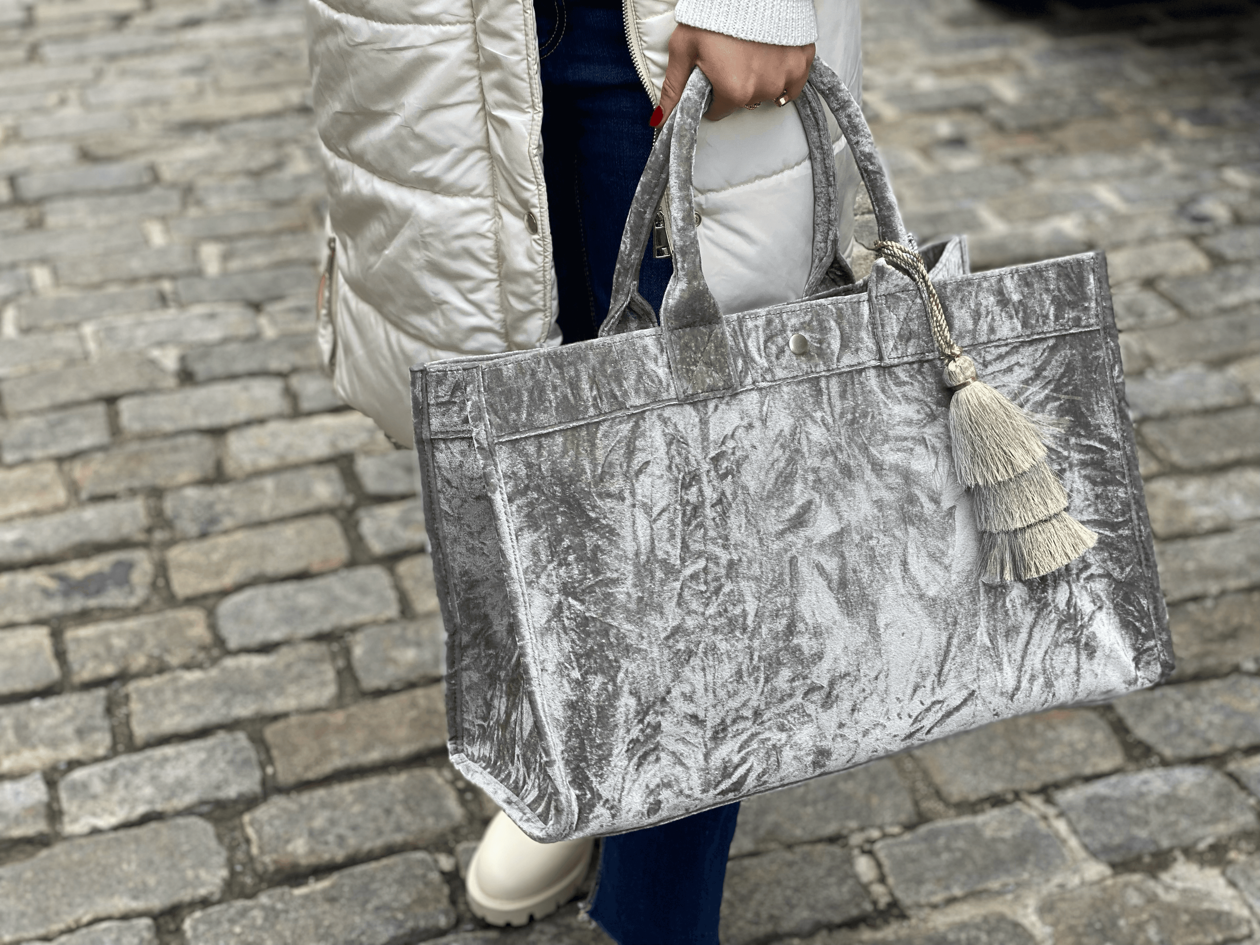 Grey Velvet East West Bag + FREE Tassel - Quilted Koala