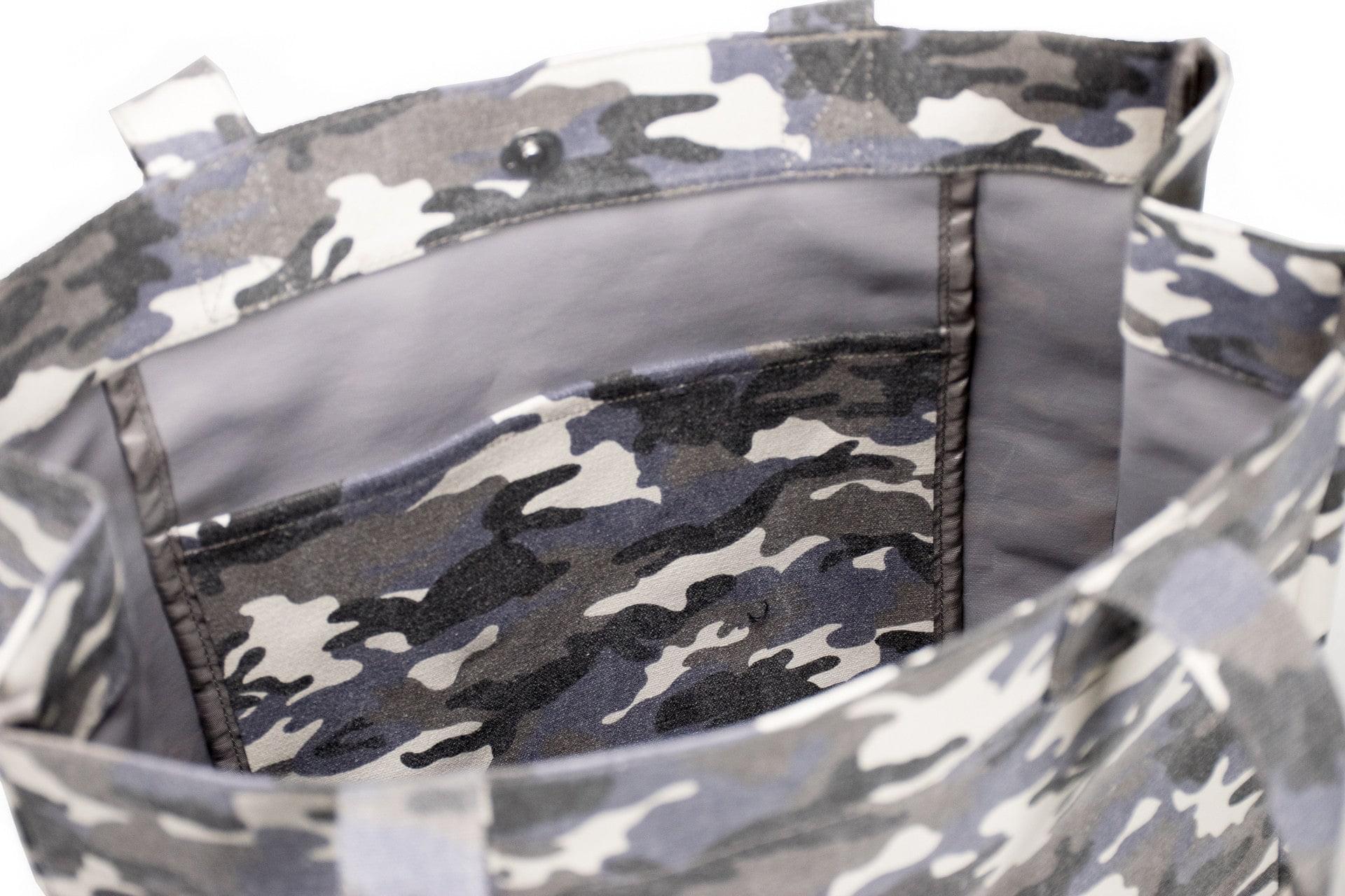 Upright Bag: Grey Camouflage with Light Blue Pom Poms - Quilted Koala