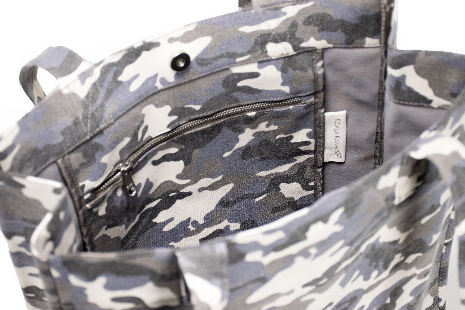 Upright Bag: Grey Camouflage with Light Blue Pom Poms - Quilted Koala