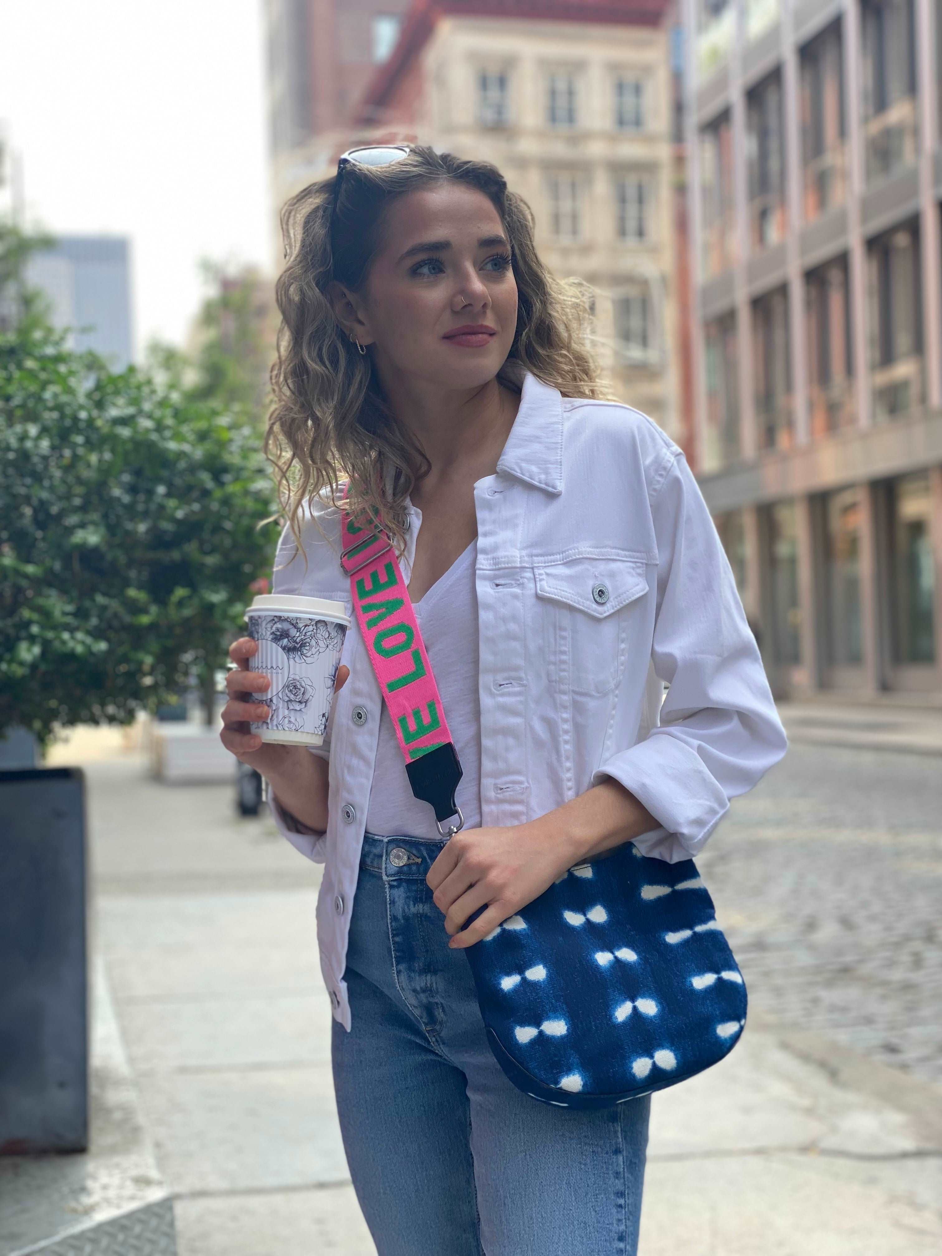 Blue Shibori Mini City Bag with Pink/Green LOVE Stripe Strap Only $28 - Quilted Koala