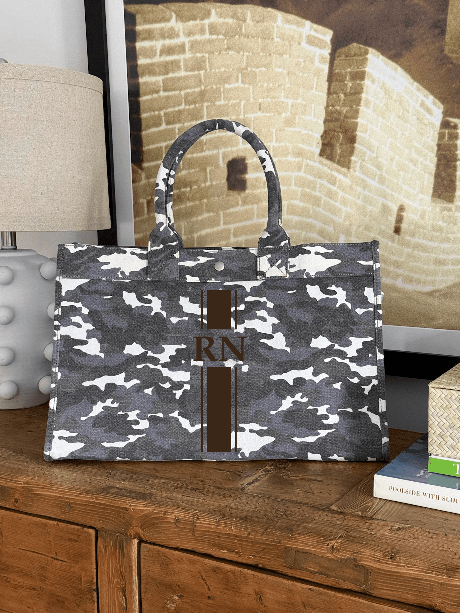 East West Bag: Grey Camo with Chocolate Brown Monogram Stripe - Quilted Koala