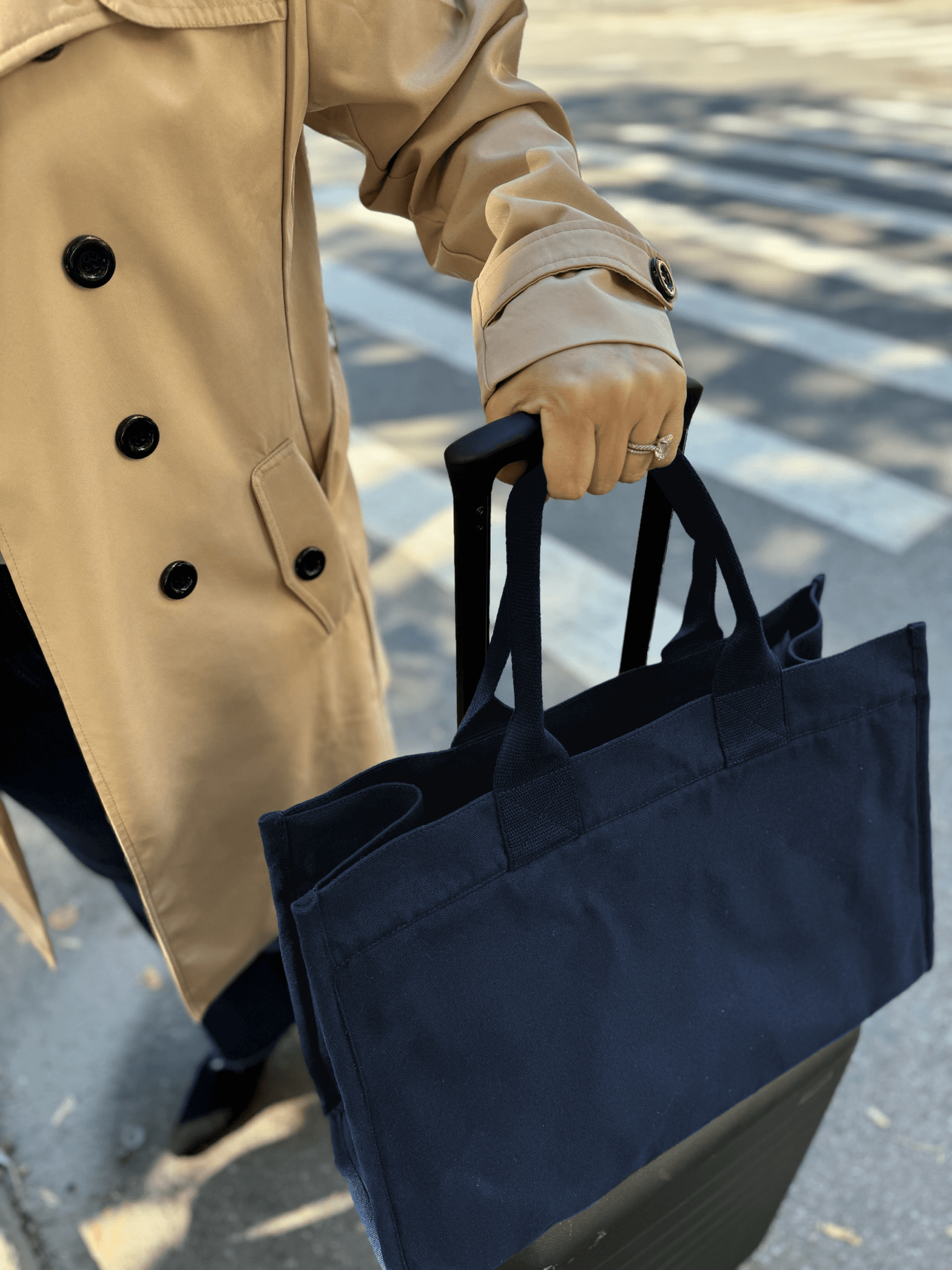 NEW! Anywhere Bag with Trolley Sleeve in Navy SPLIT LETTER MONOGRAM - Quilted Koala