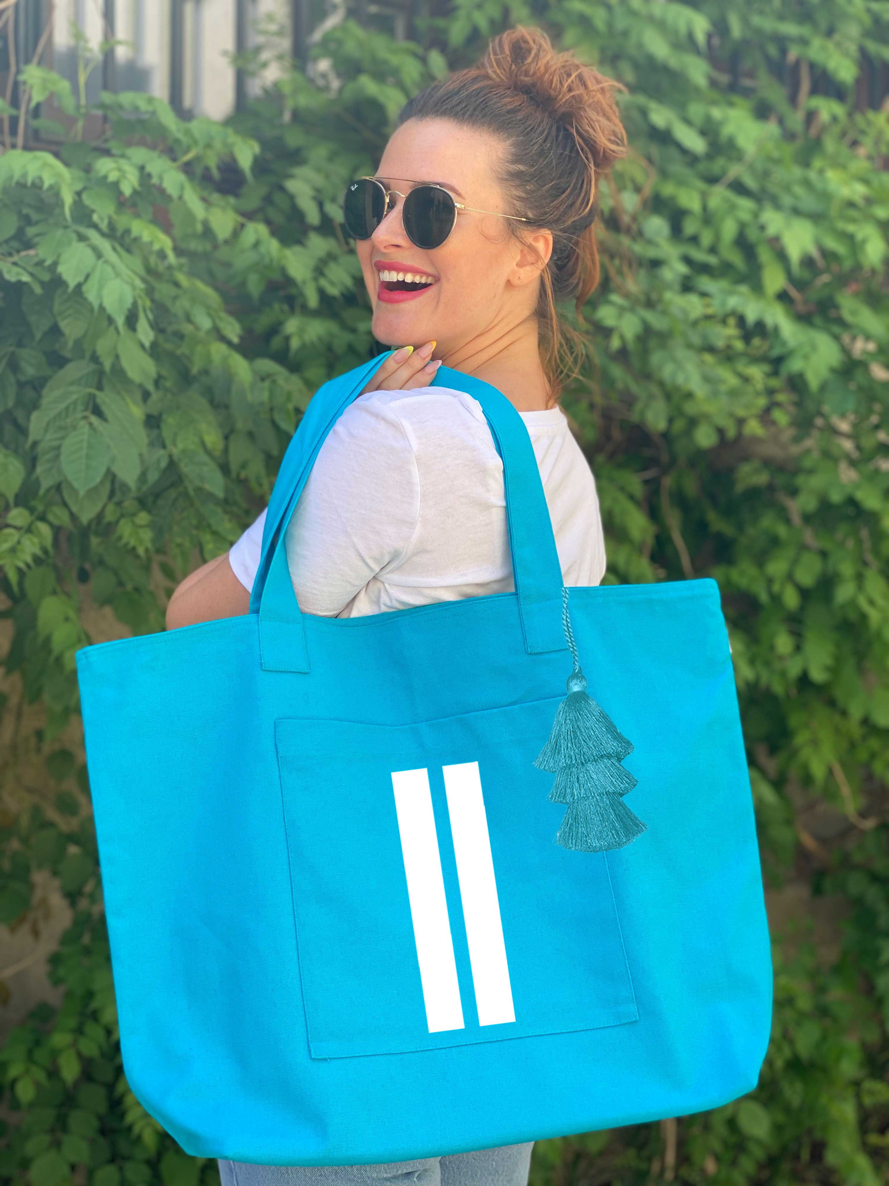 Special Bundle: Aqua Everything Bag with White Matte Double Stripe + FREE Aqua Tassel - Quilted Koala