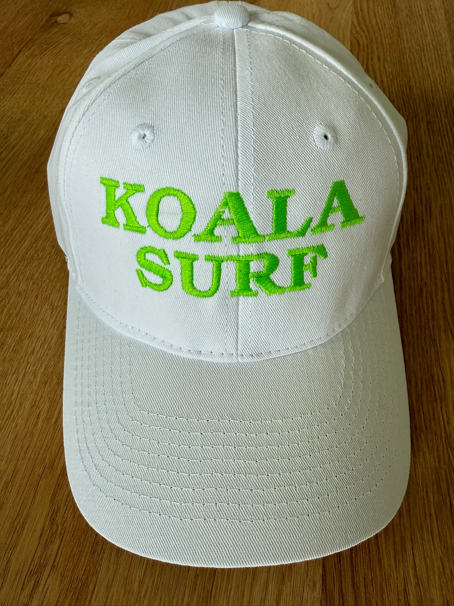 SPECIAL PREORDER! Koala Baseball Caps - "KOALA SURF" in White & Neon Green - Quilted Koala
