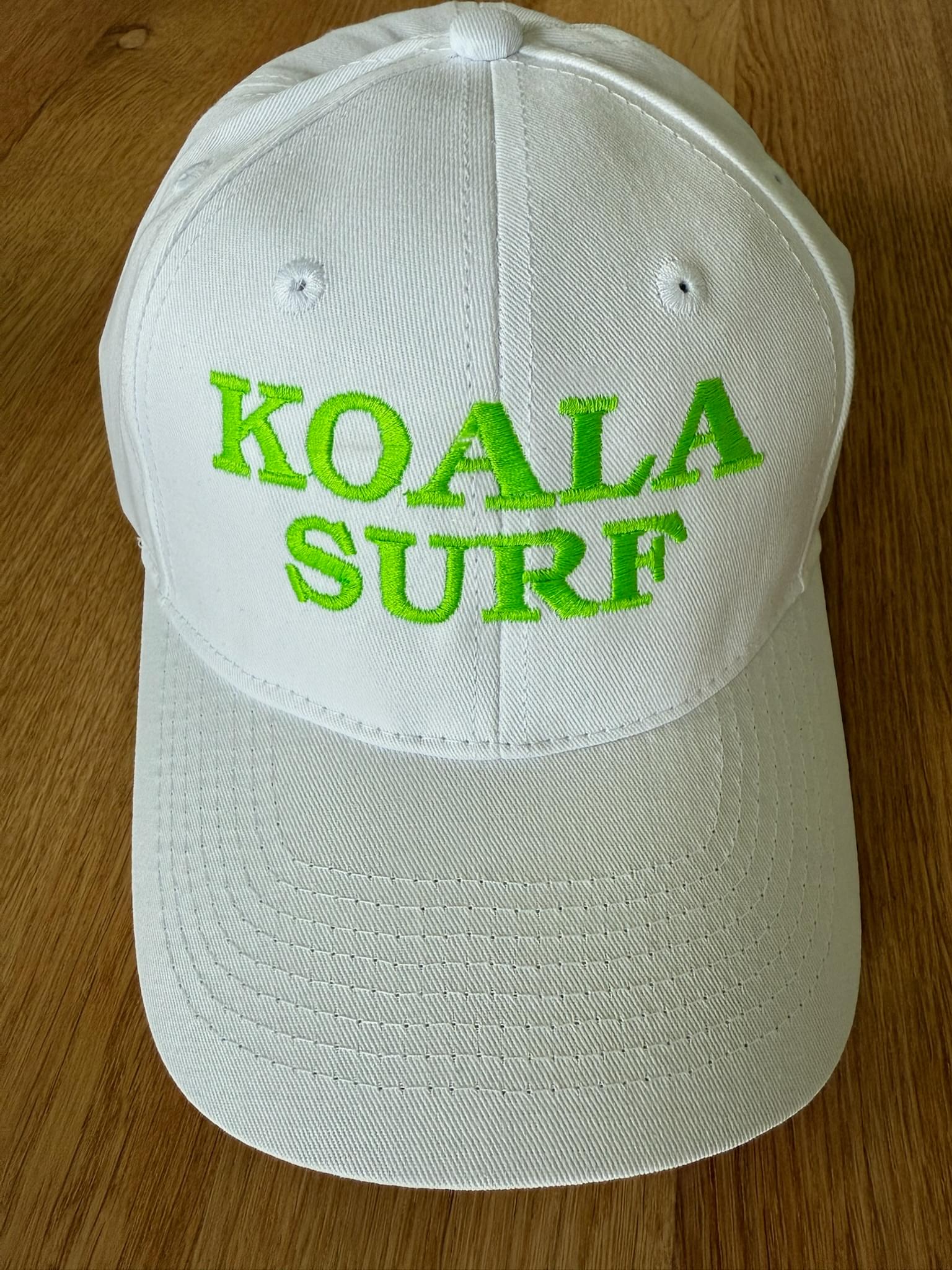 SPECIAL PREORDER! Koala Baseball Caps - "KOALA SURF" in White & Neon Green - Quilted Koala
