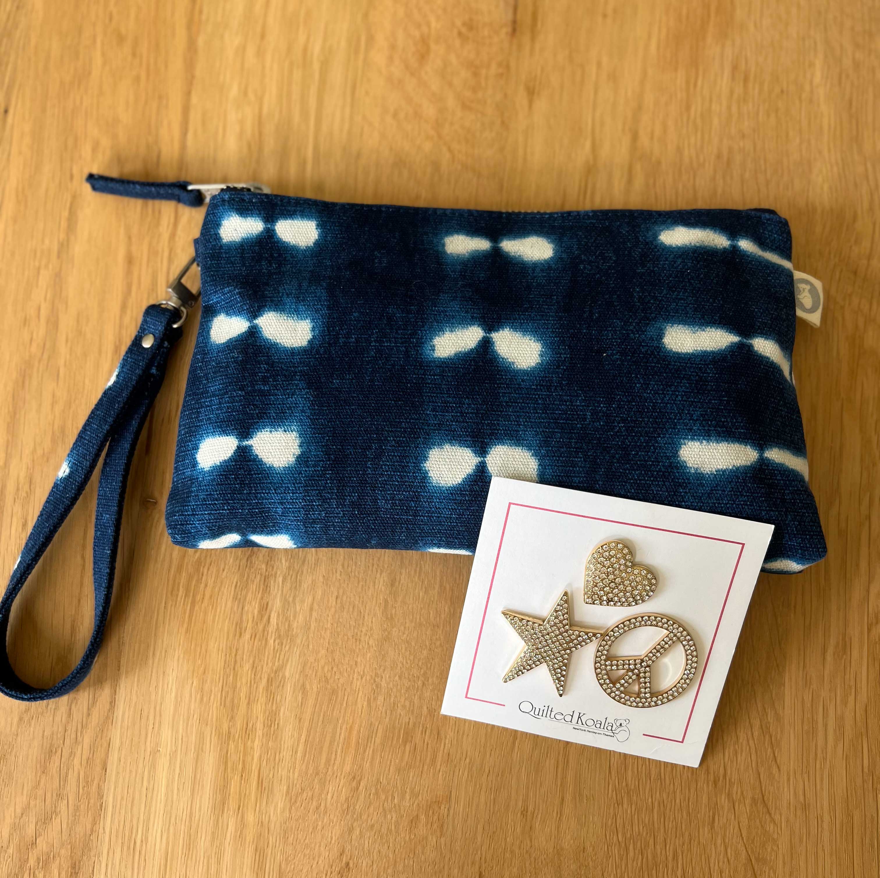 Mini Luxe Clutch Bundle: Blue Shibori with FREE Gold Koala Jewelry - Quilted Koala