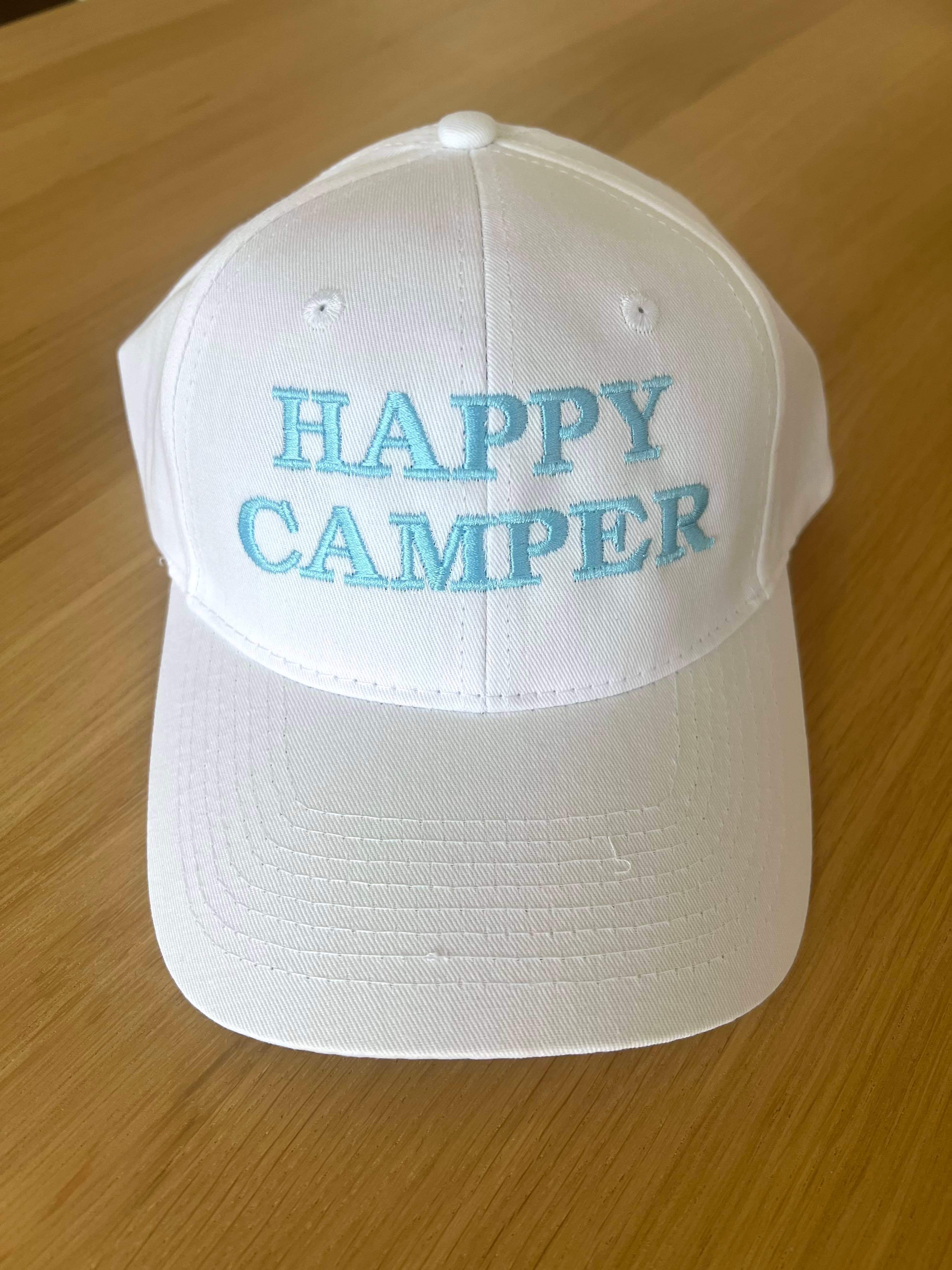 SPECIAL PREORDER! Koala Baseball Caps - "HAPPY CAMPER" in White & Aqua - Quilted Koala