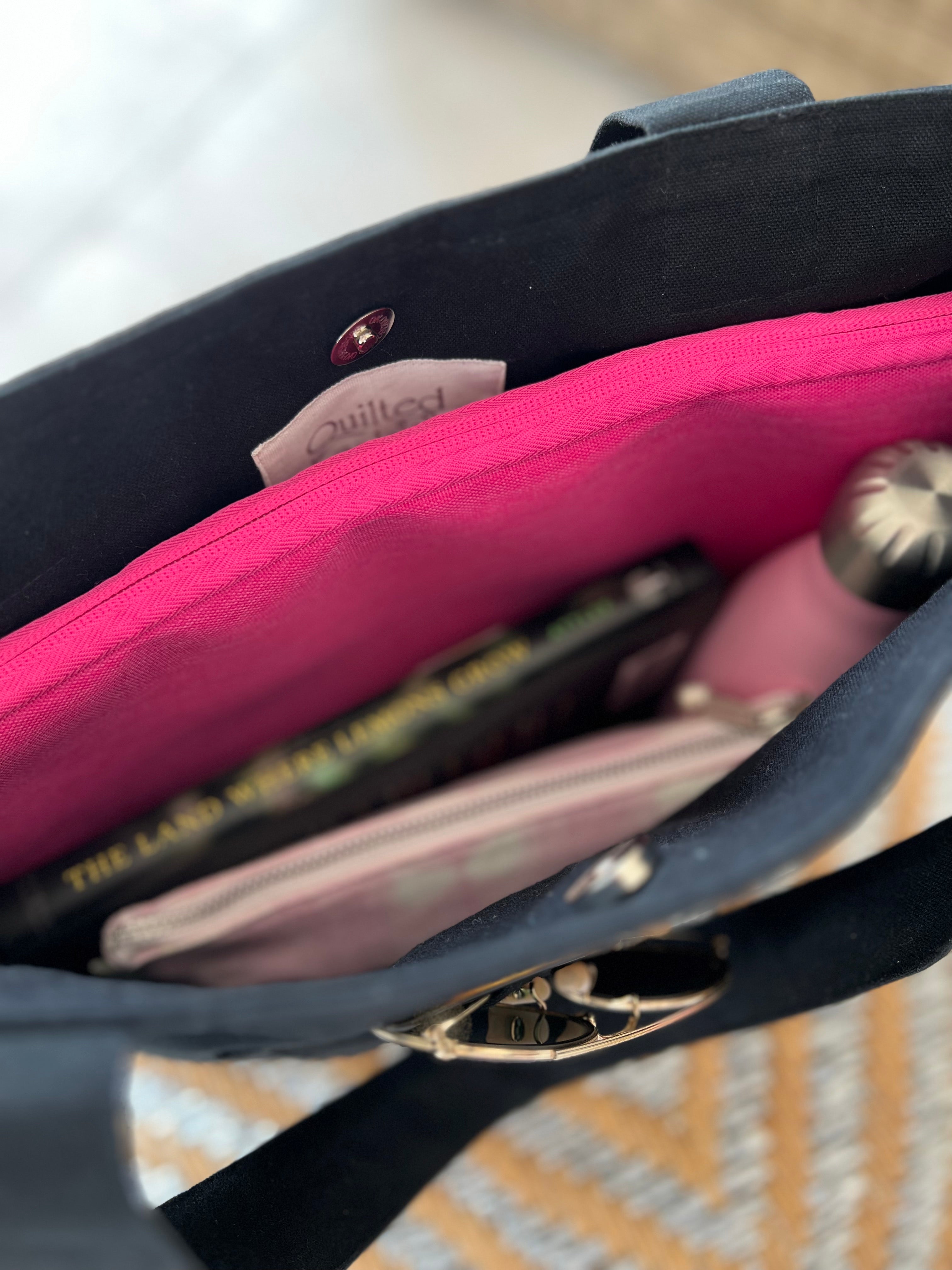 Navy Midi Everything Bag - Gold Glitter But First, Champagne - Quilted Koala