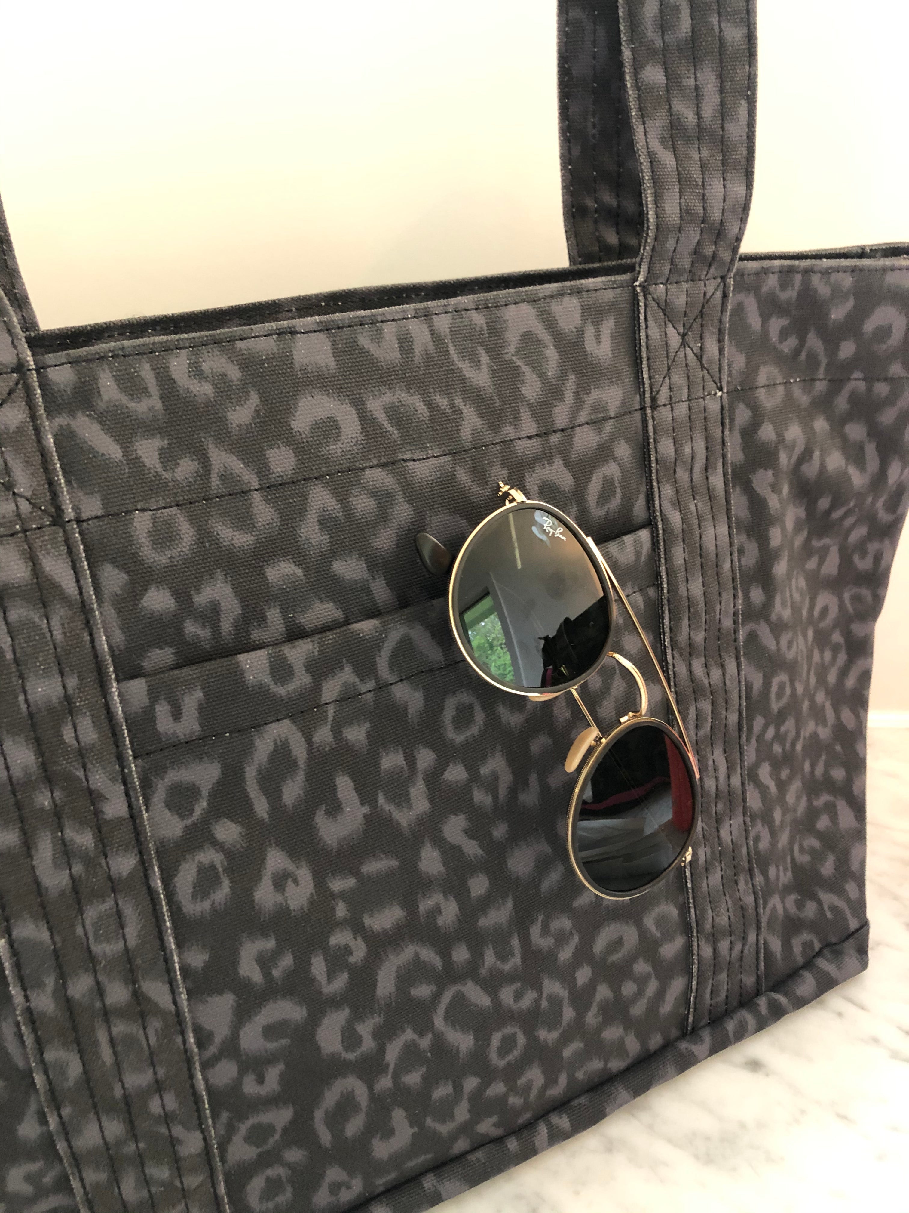 Midi Zipper Tote: Black Leopard Coated Canvas with Black Pom Poms - Quilted Koala