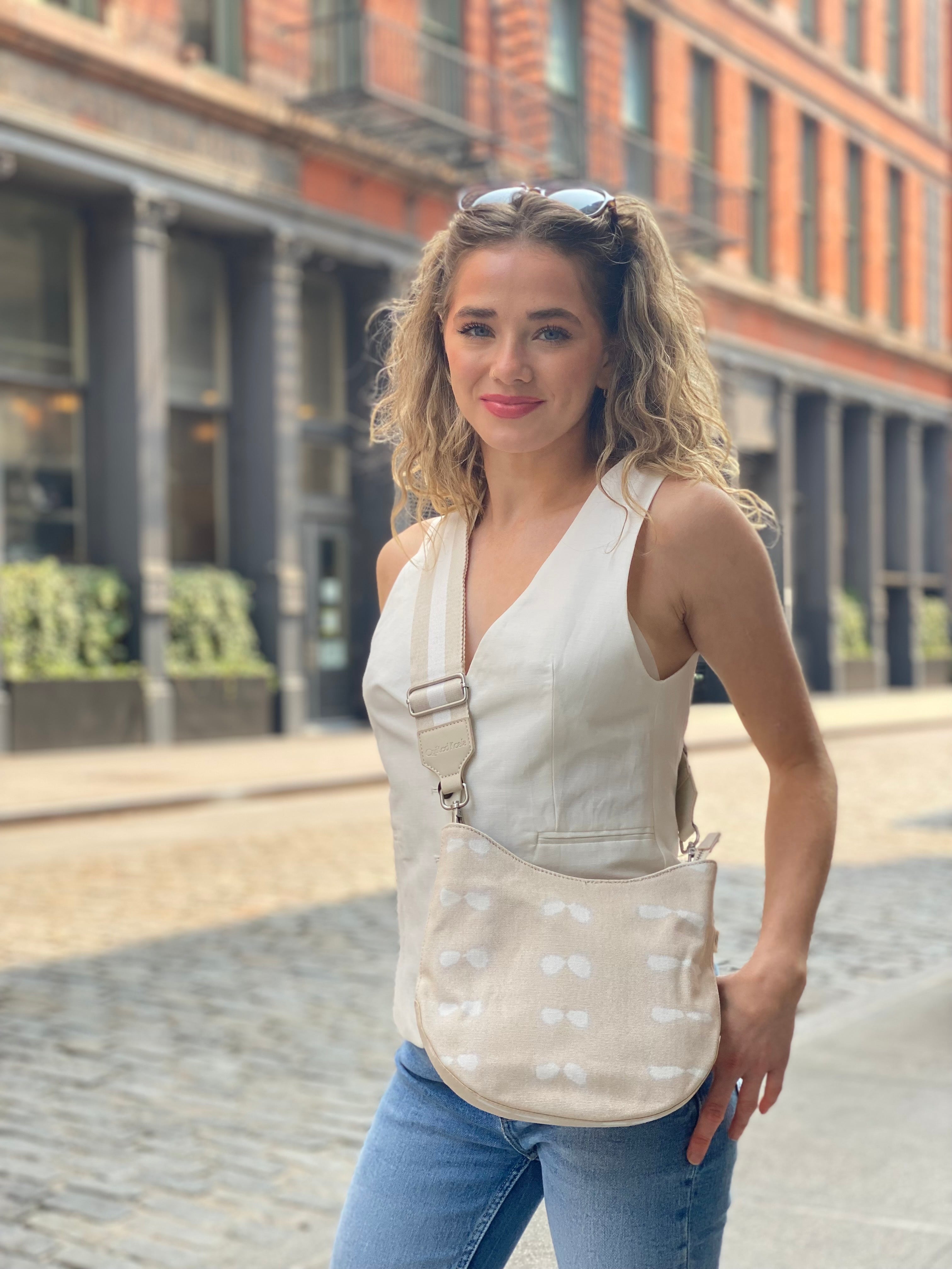 Stone Shibori Mini City Bag with Tan and Cream Strap - Quilted Koala