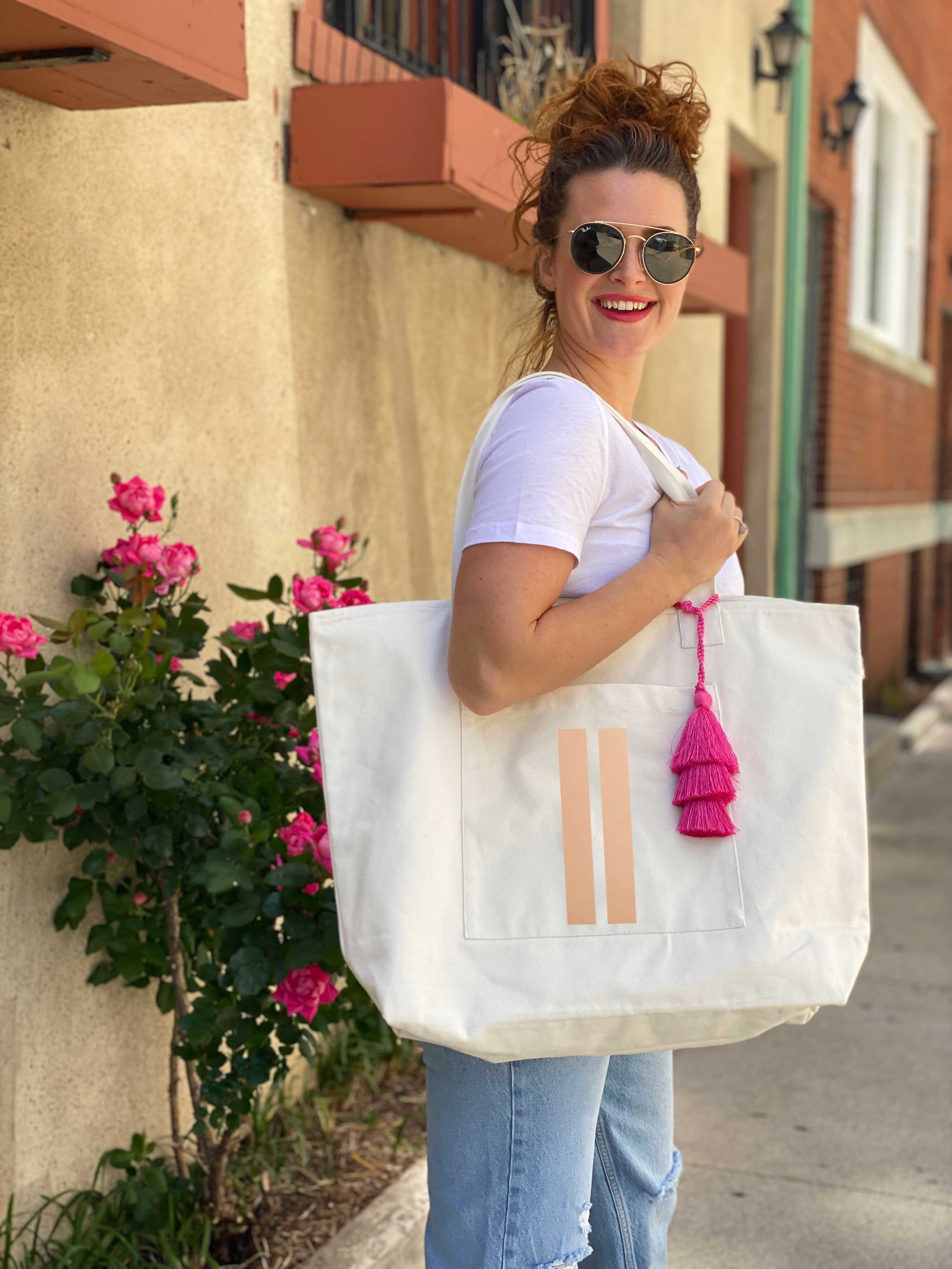 Special Bundle: Natural Everything Bag with Rose Gold Double Stripe + FREE PINK Tassel - Quilted Koala