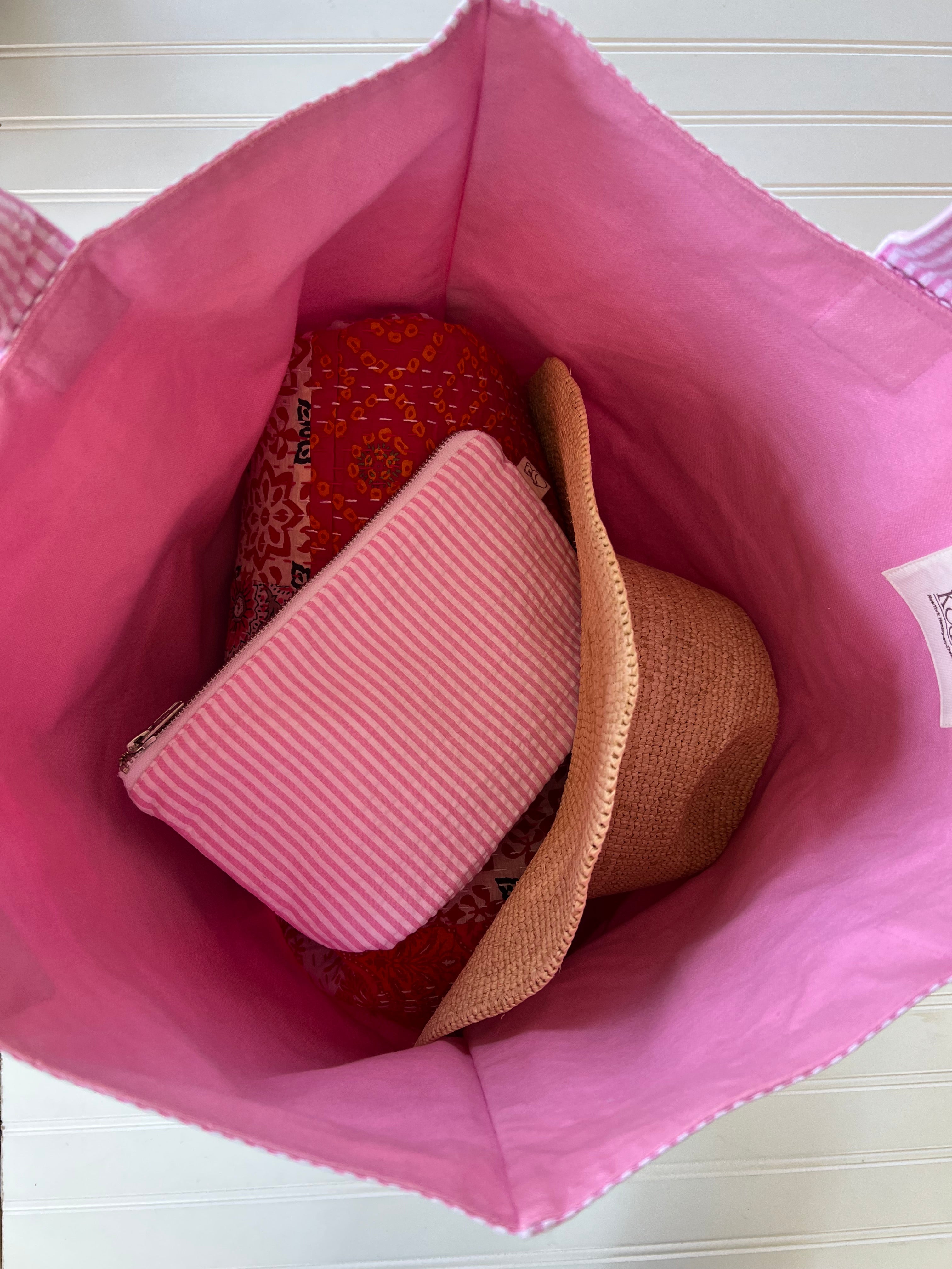 Everything Bag: Pink Seersucker - Split Letter Monogram - Quilted Koala