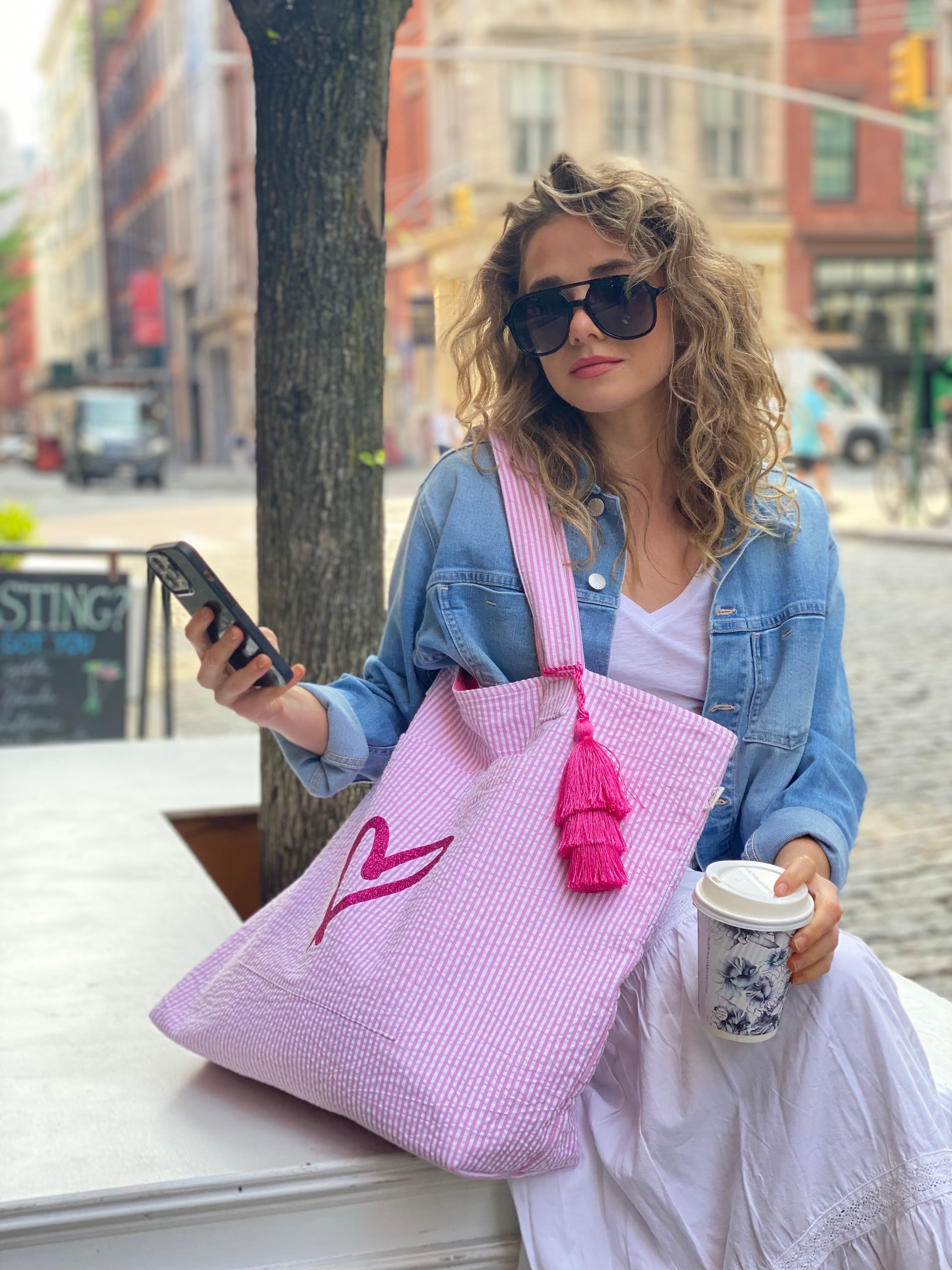 Everything Bag: Pink Seersucker - Sketch Heart - Quilted Koala