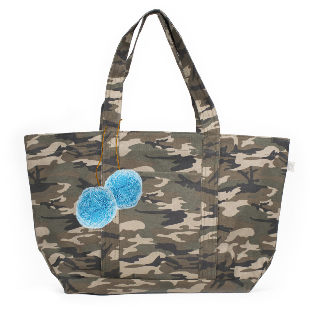 Large Zipper Tote Green Camo with Light Blue Pom Poms - Quilted Koala