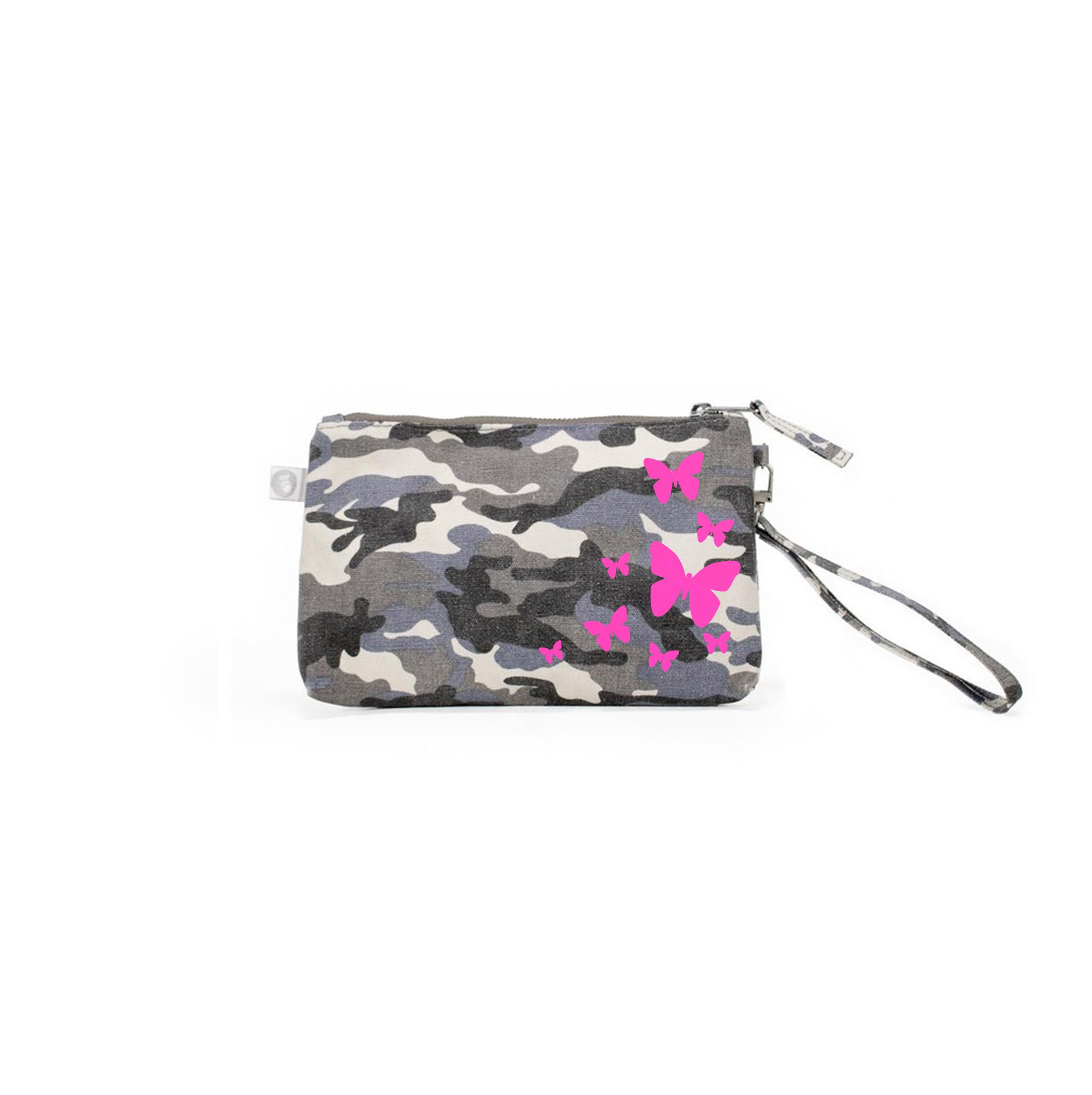Mini Luxe Clutch Grey Camo with Neon Pink Scatter Butterflies - Quilted Koala