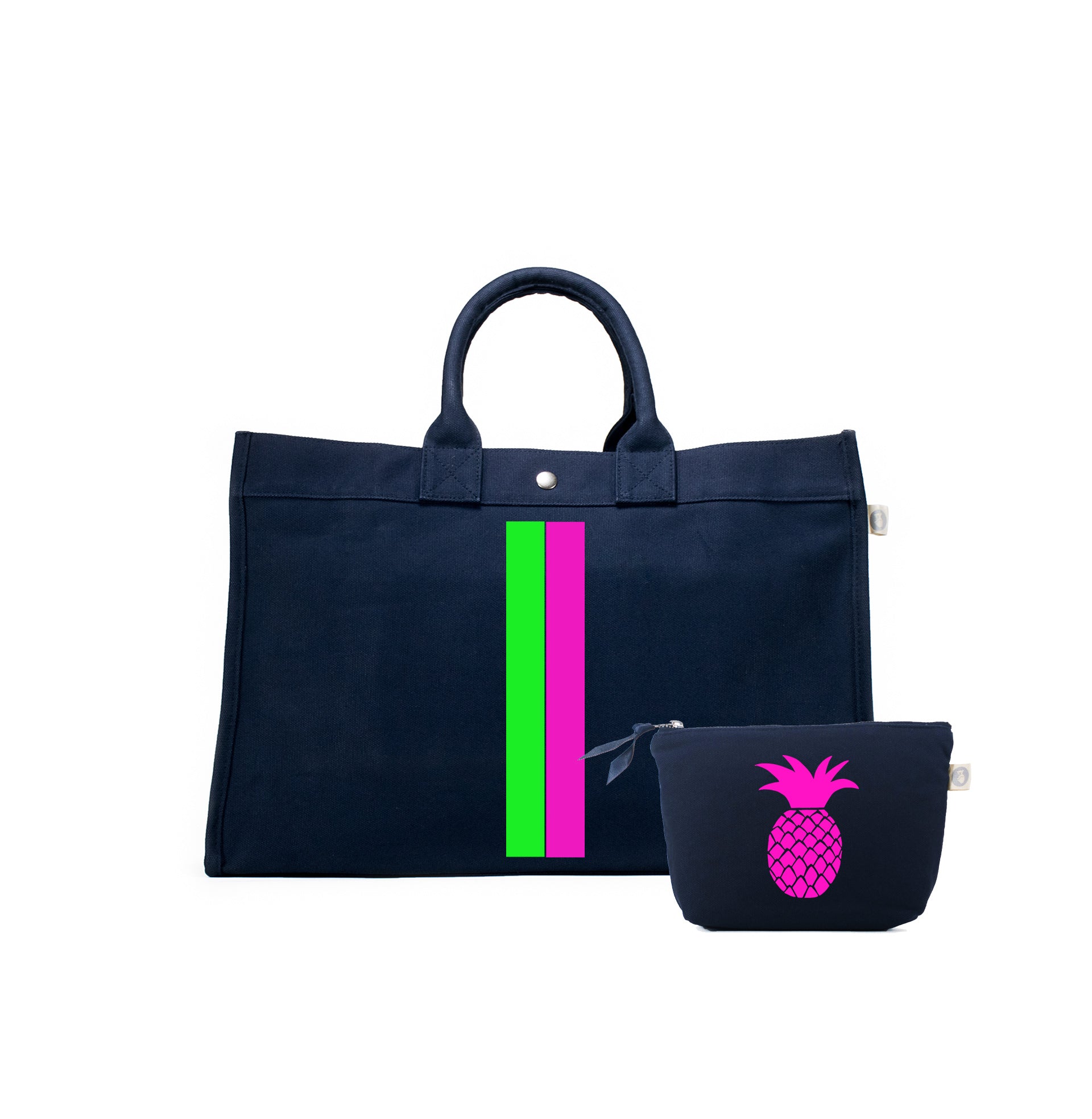 Navy East West Bag with Neon Pink & Neon Green Stripes (+ FREE Navy Makeup with Neon Pink Pineapple) - Quilted Koala