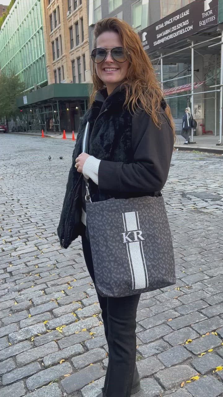 Monogram Stripe - Town Crossbody Bag: Black Leopard Coated Canvas - Quilted Koala