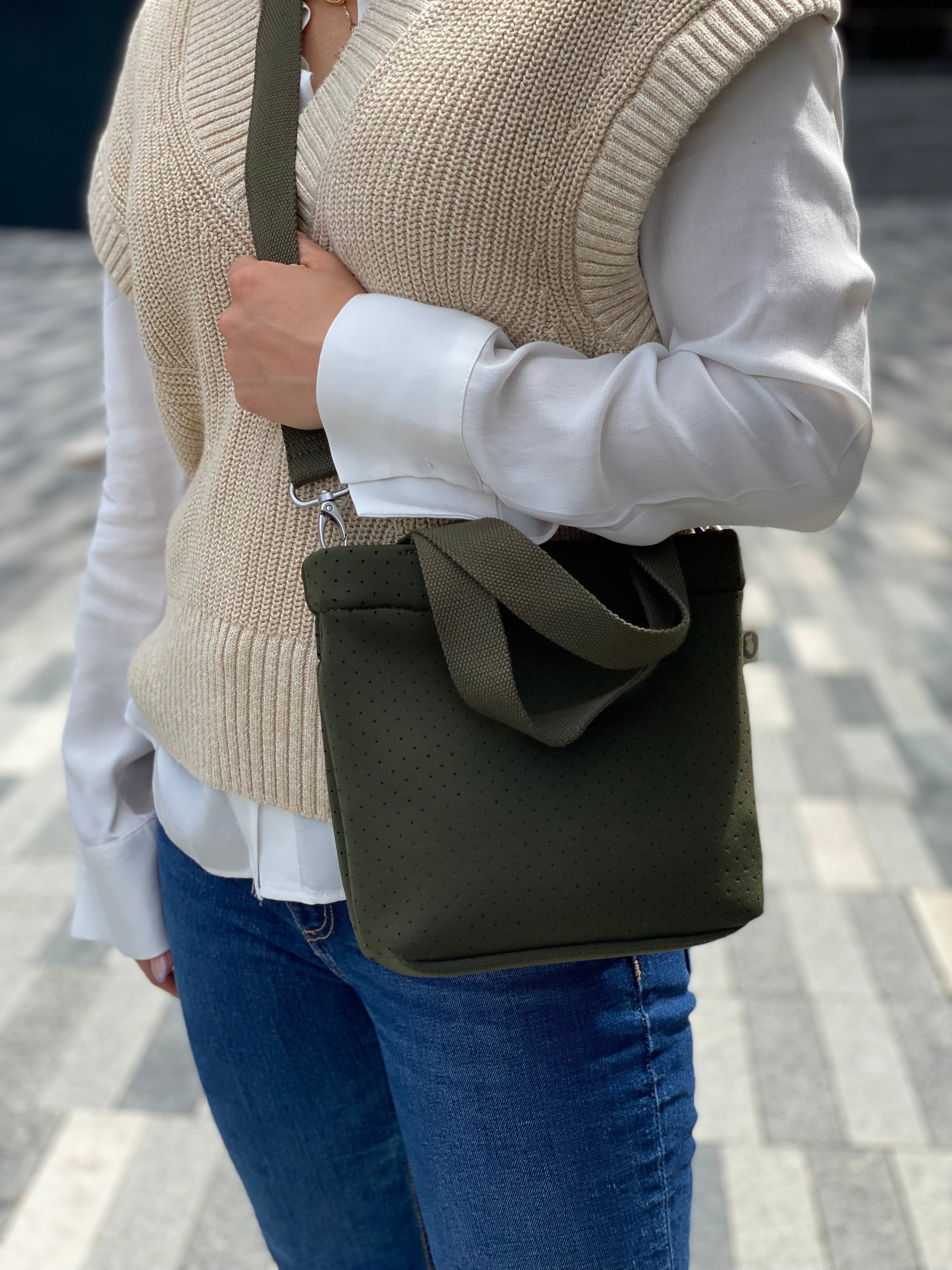 Koala Go! Midi Town Crossbody Bag: Olive Neoprene - Quilted Koala