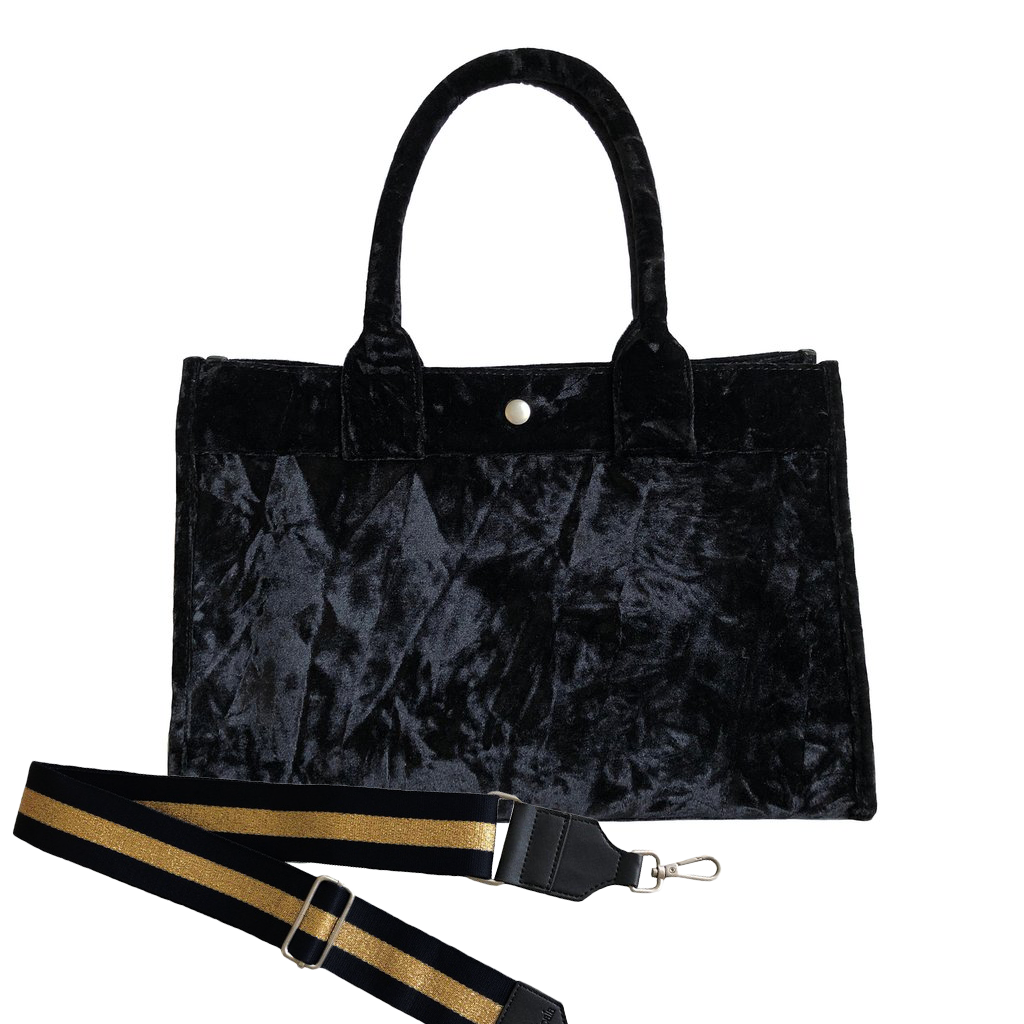 Midi East West Bag: Black Crushed Velvet - Quilted Koala
