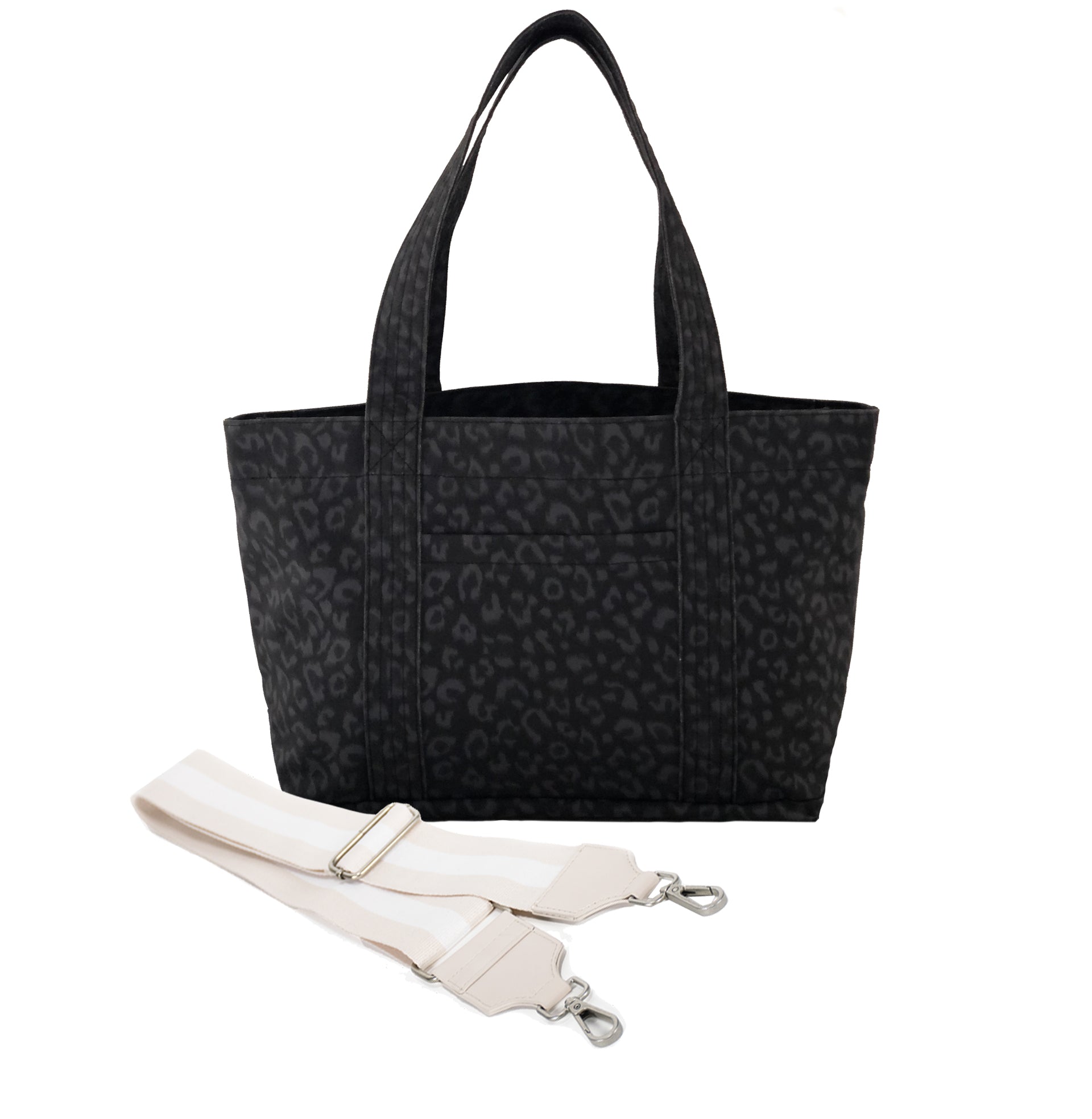 Split Letter Monogram - Midi Zipper Tote: Black Leopard Coated Canvas - Quilted Koala