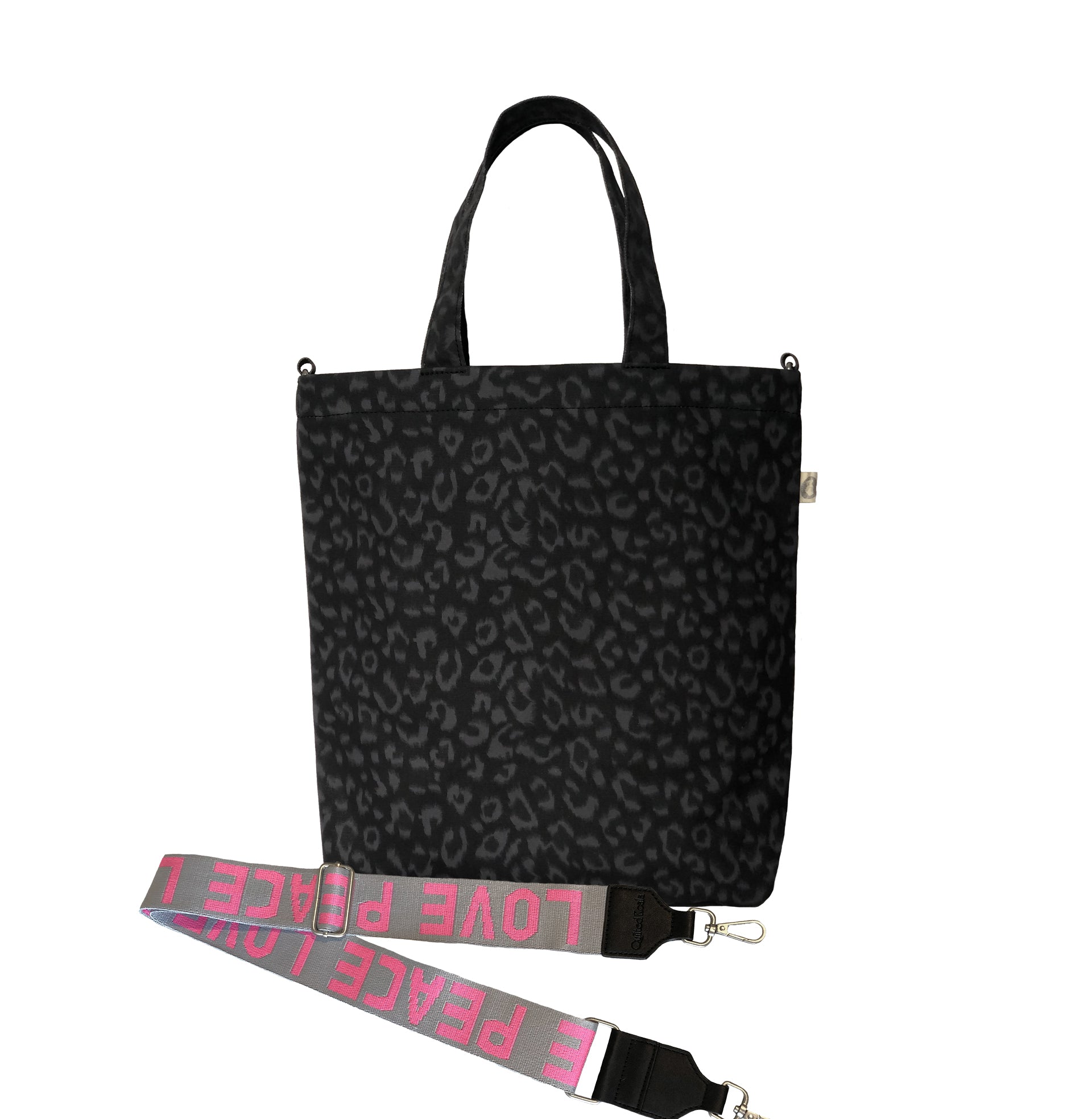 Split Letter Monogram - Town Crossbody Bag: Black Leopard Coated Canvas - Quilted Koala