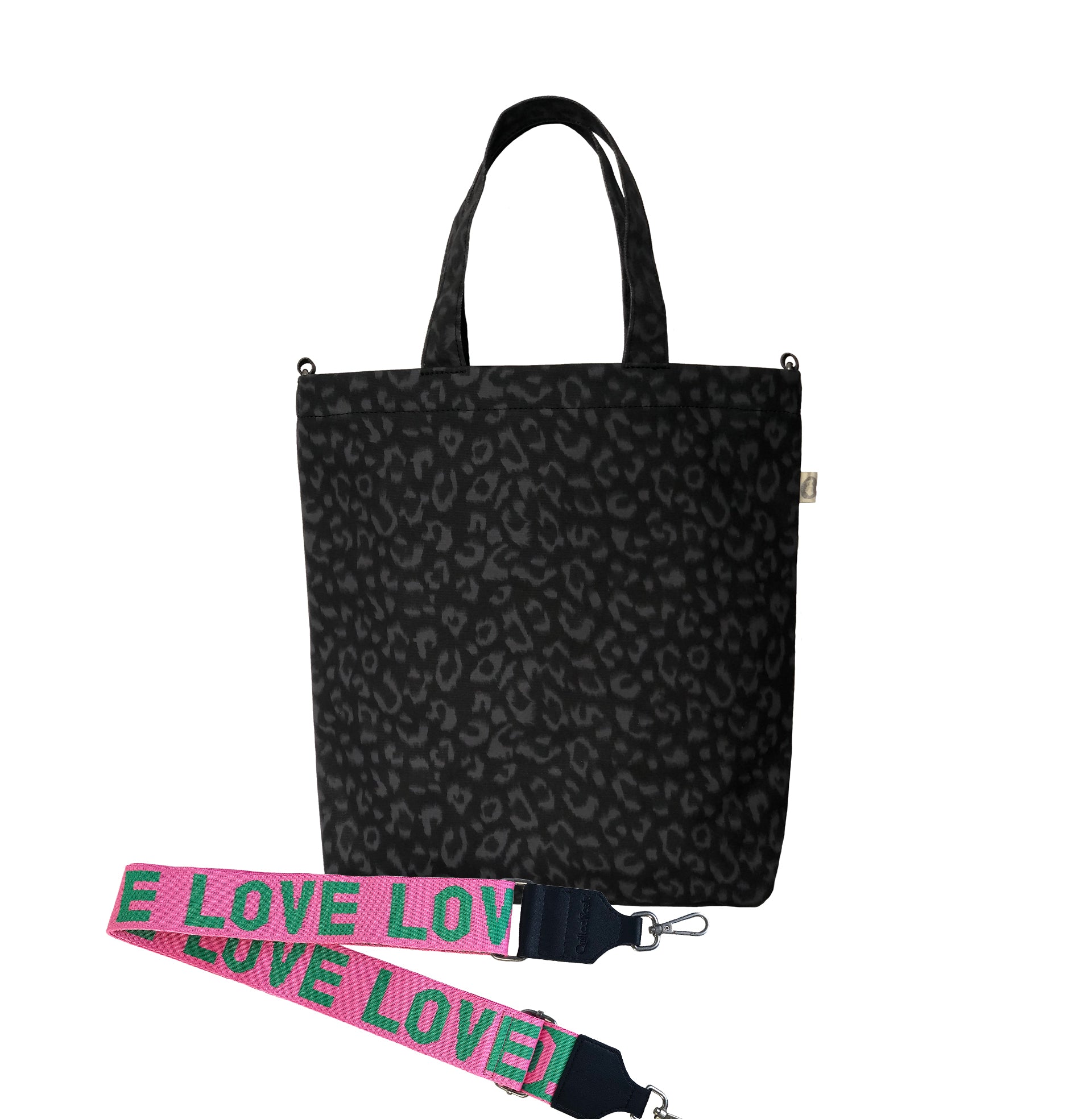Split Letter Monogram - Town Crossbody Bag: Black Leopard Coated Canvas - Quilted Koala