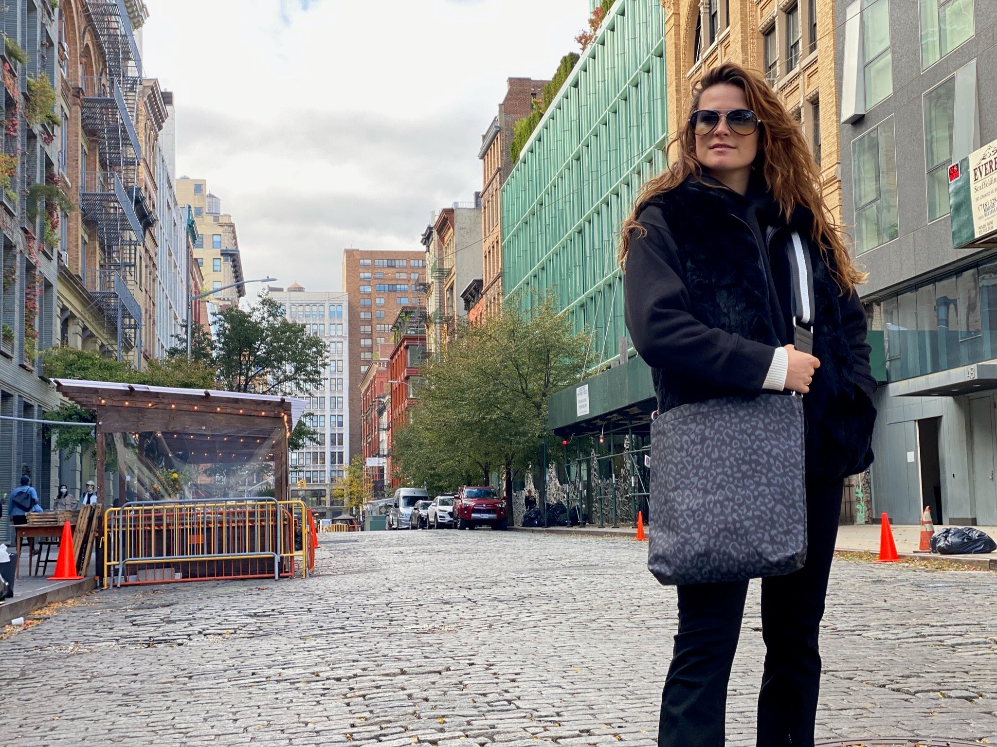 Split Letter Monogram - Town Crossbody Bag: Black Leopard Coated Canvas - Quilted Koala