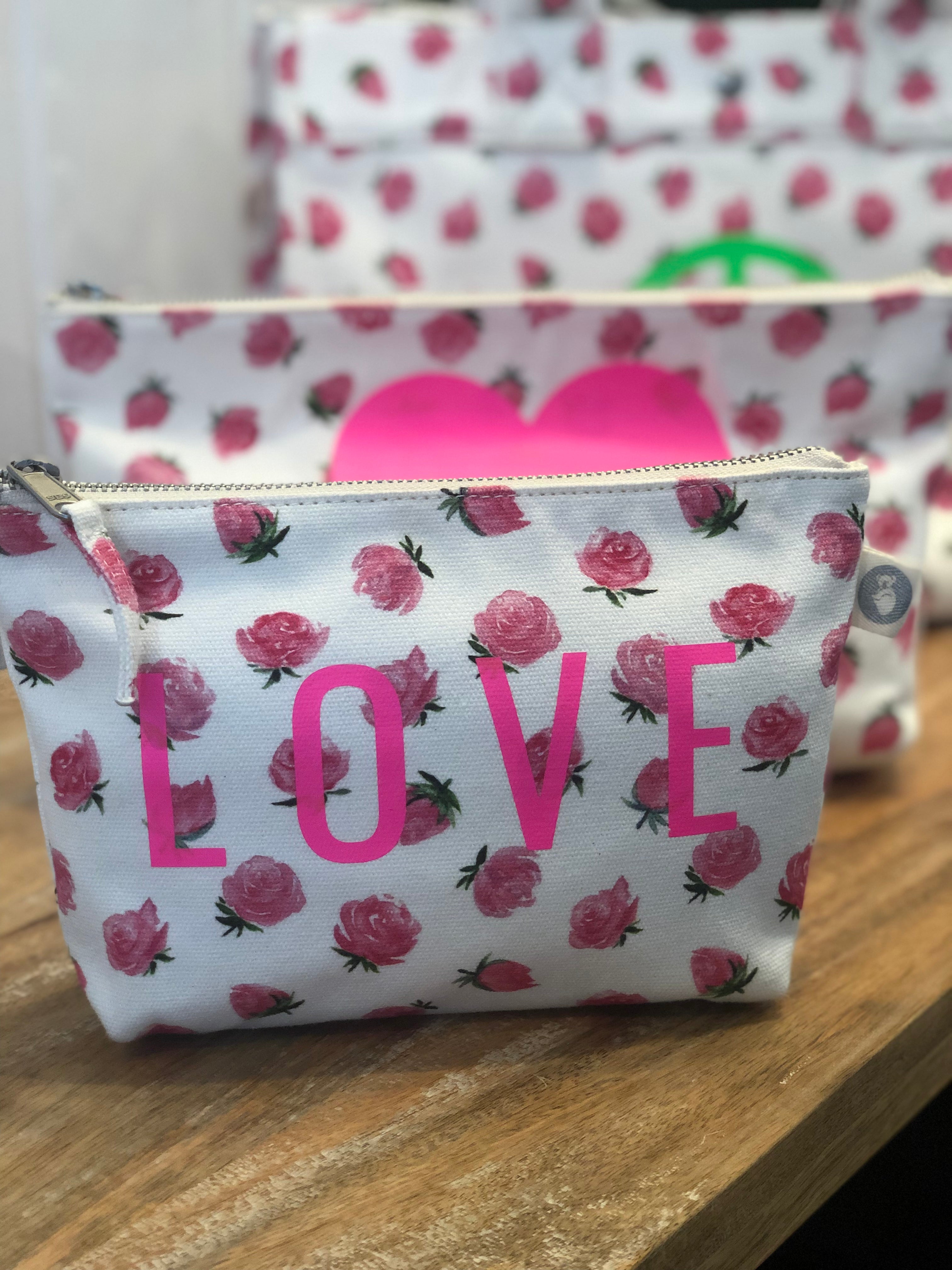 Makeup Bag: White Floral with Neon Pink LOVE - Quilted Koala