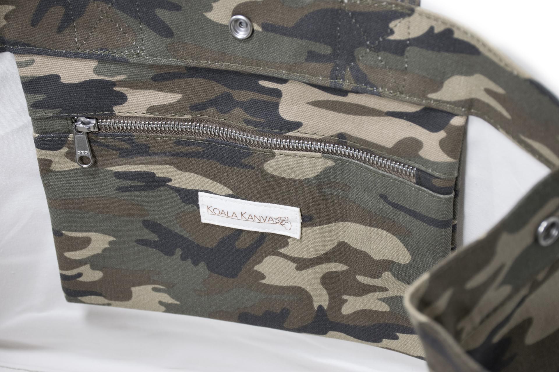 East-West Bag: Camouflage - Split Letter in Gold Glitter plus free Pom Poms! - Quilted Koala