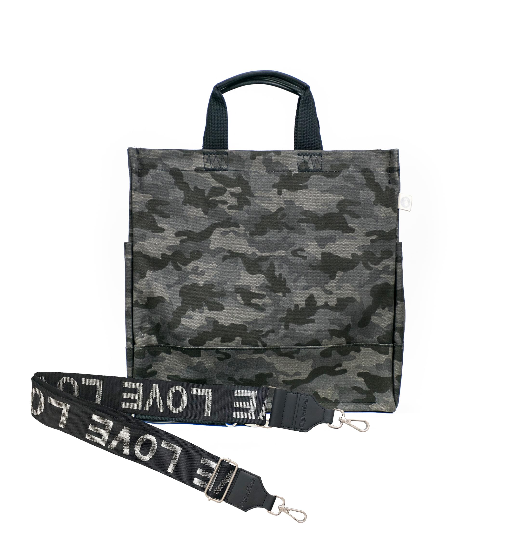 Split Letter Monogram Black Camo North South Bag with Stripe Strap - Quilted Koala