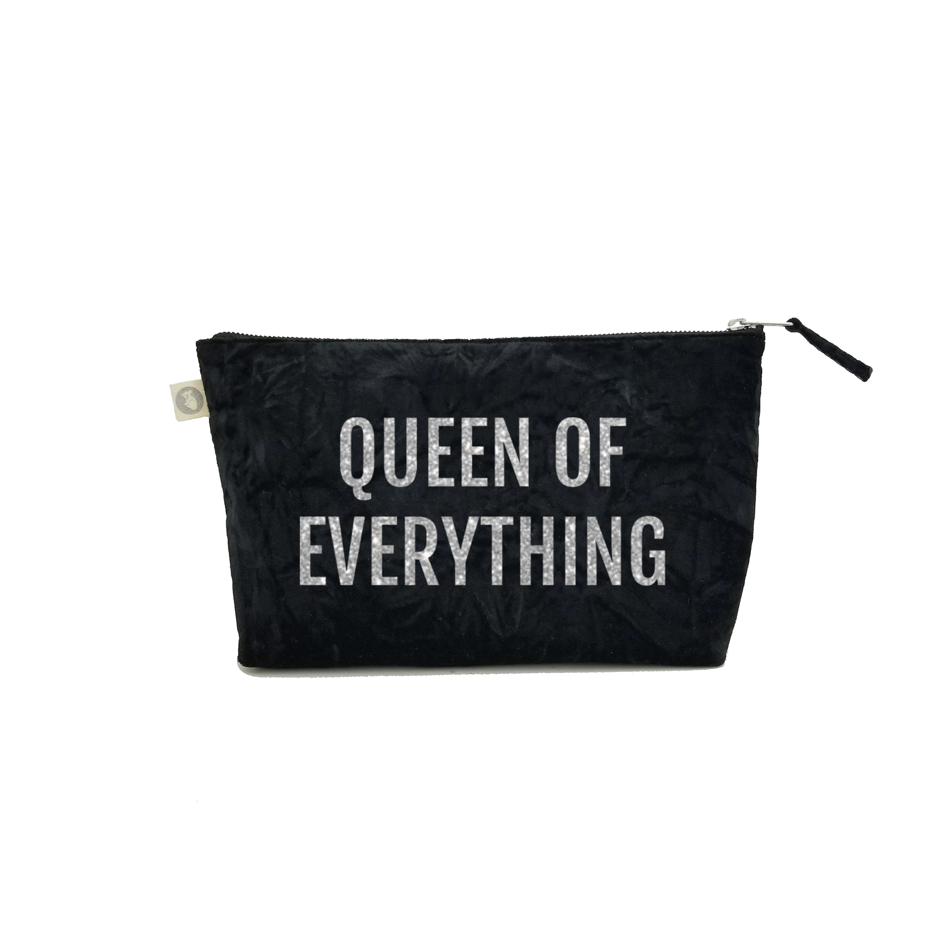 Clutch Bag: Black Crushed Velvet with Silver Queen of Everything - Quilted Koala