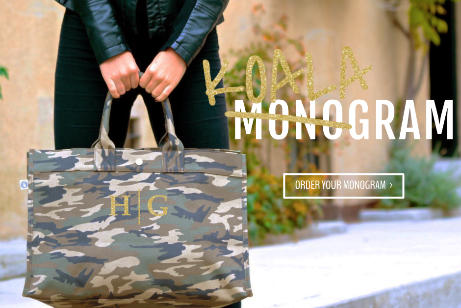 East-West Bag: Camouflage - Split Letter in Gold Glitter plus free Pom Poms! - Quilted Koala