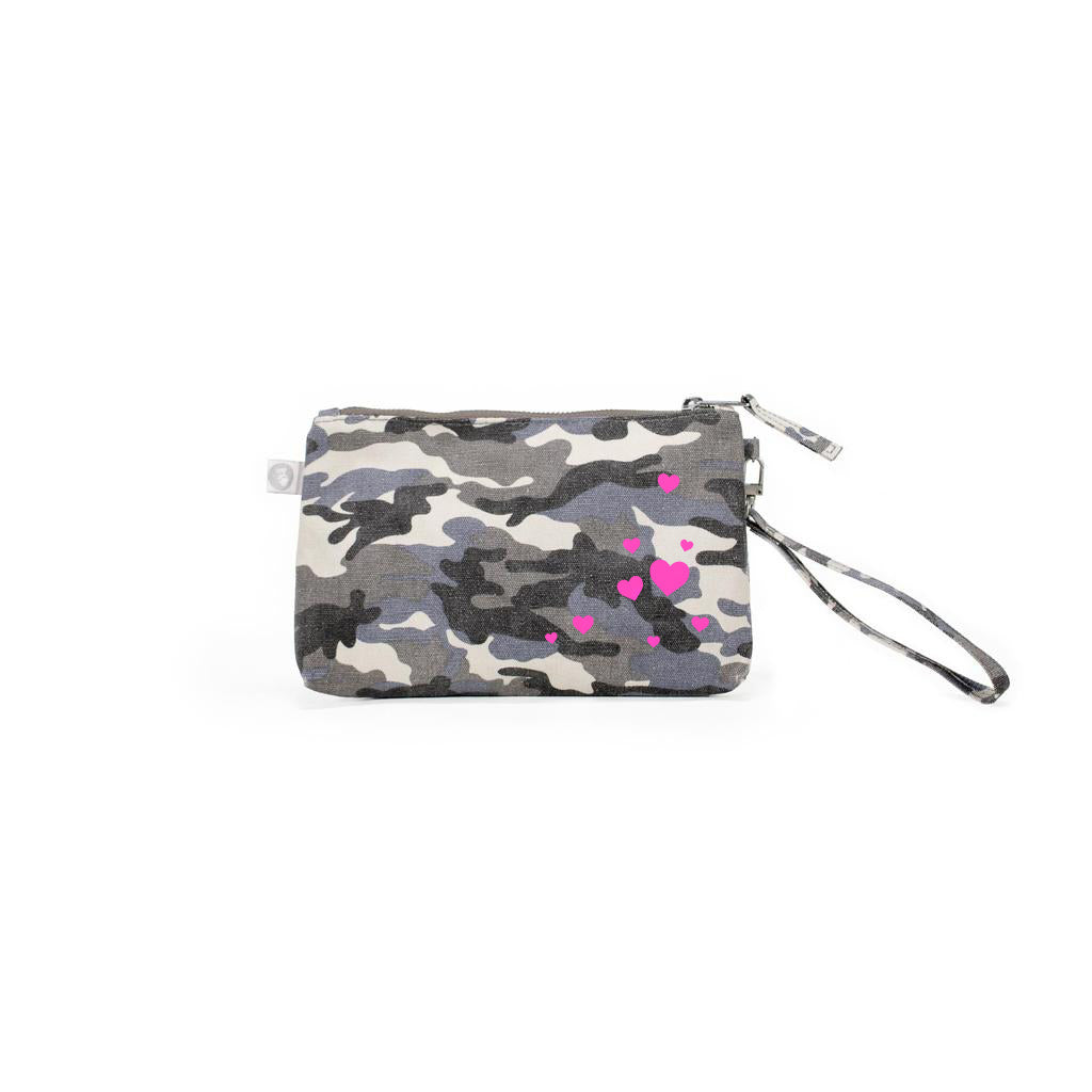 Mini Luxe Clutch with Wristlet: Grey Camouflage Neon Pink Scatter Hearts - Quilted Koala