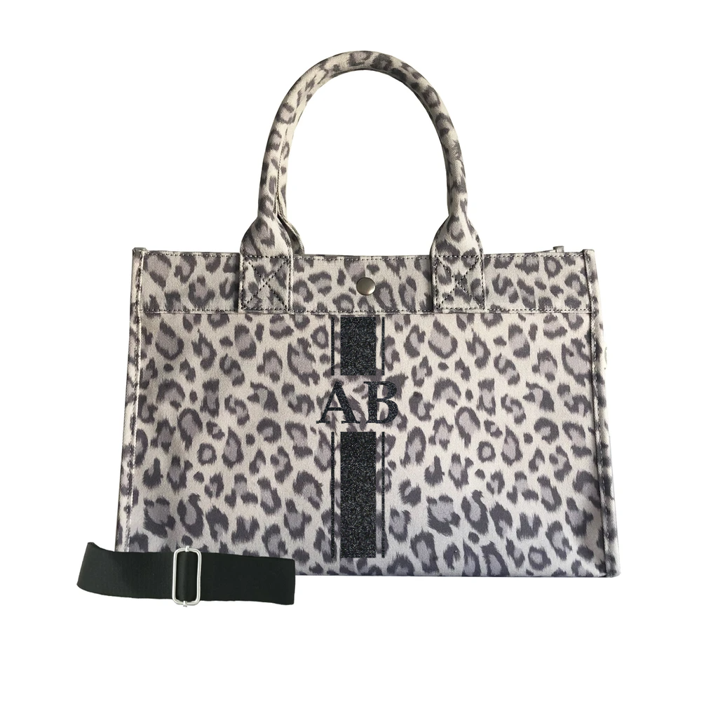 Monogram Stripe: Midi East West Bag- Grey Leopard - Quilted Koala