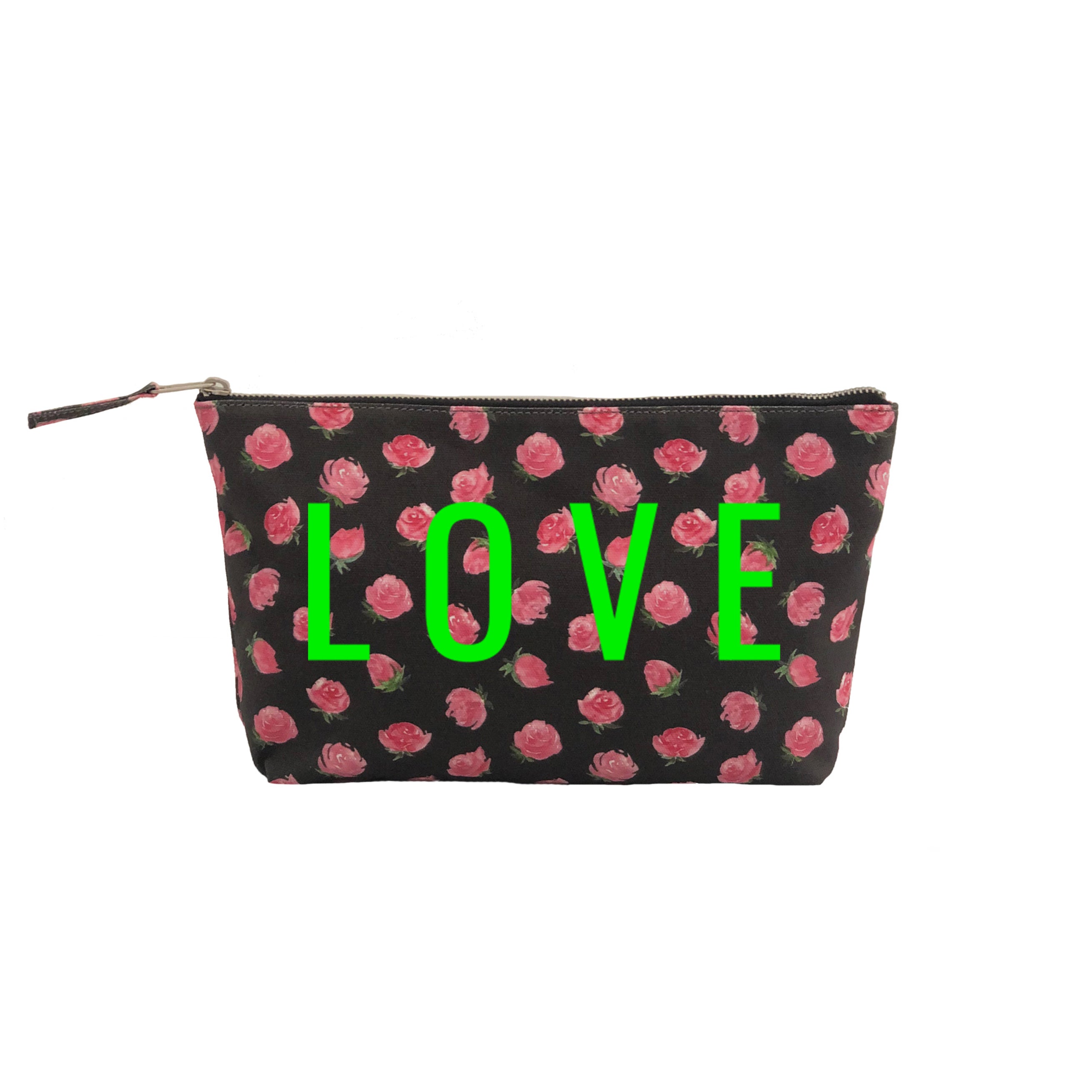Clutch Bag: Black Floral with Neon Green LOVE - Quilted Koala