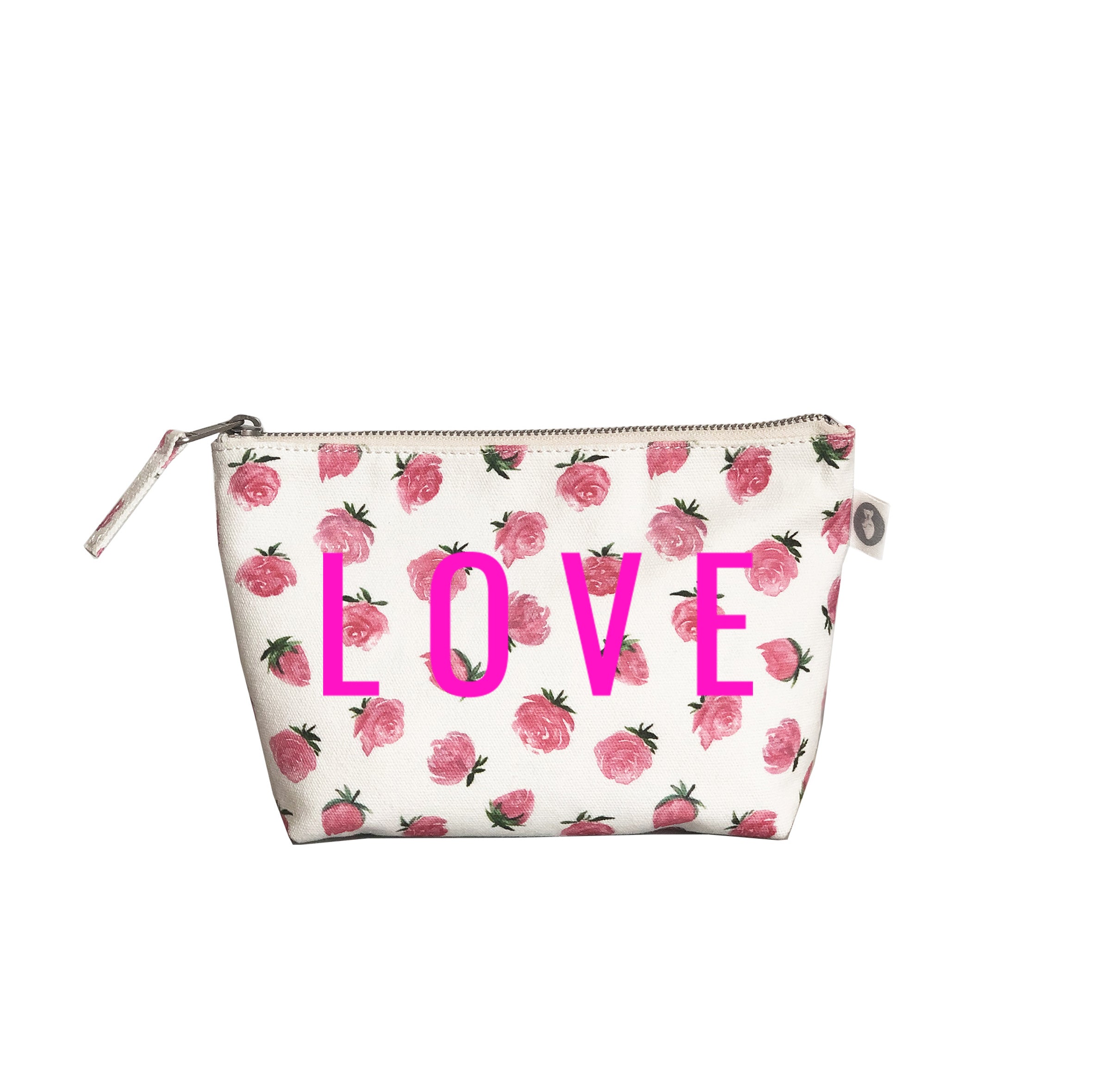 Makeup Bag: White Floral with Neon Pink LOVE - Quilted Koala