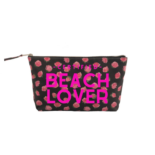 Clutch Bag: Black Floral - Neon Pink Certified Beach LOVER - Quilted Koala