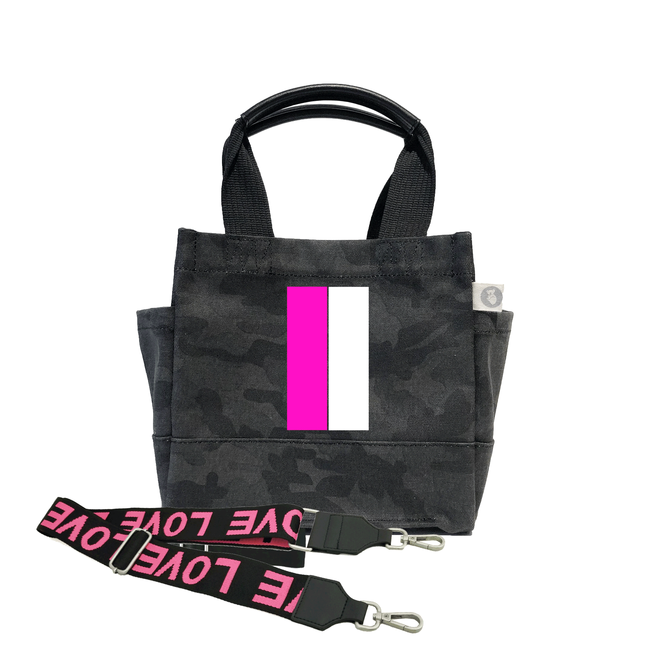 Mini Luxe North South Bag: Black Camouflage with Color Stripes - Quilted Koala