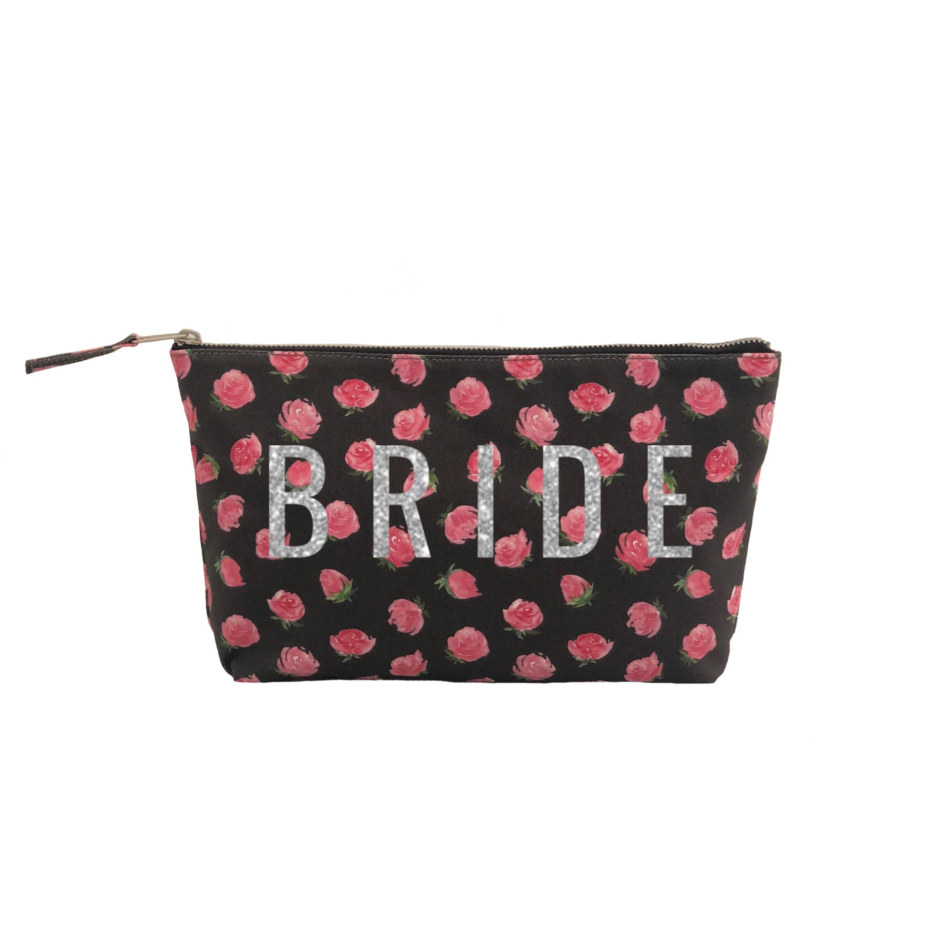 Clutch Bag: Black Floral with Silver Glitter BRIDE - Quilted Koala