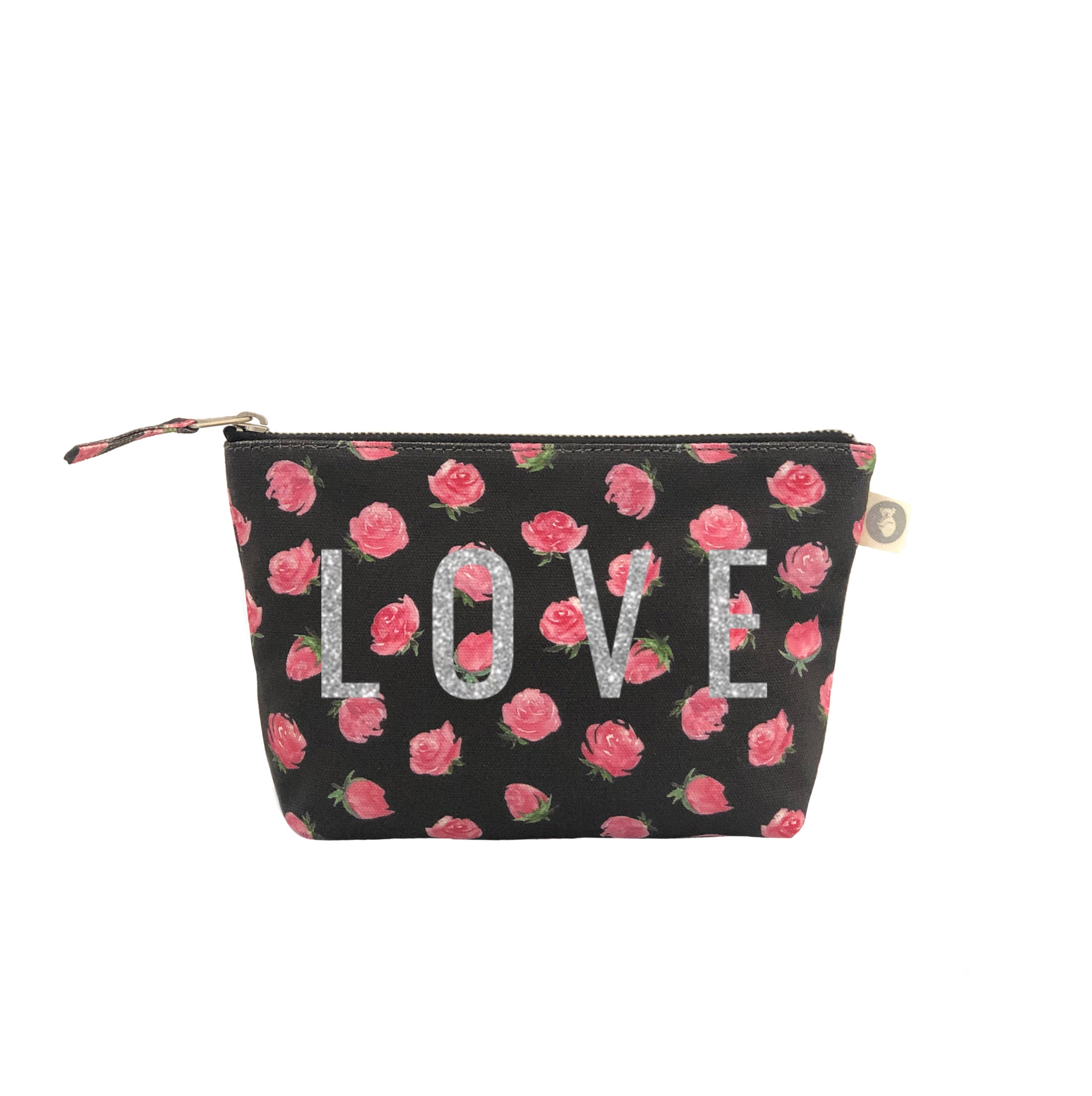 Makeup Bag: Black Floral with Silver Glitter LOVE - Quilted Koala