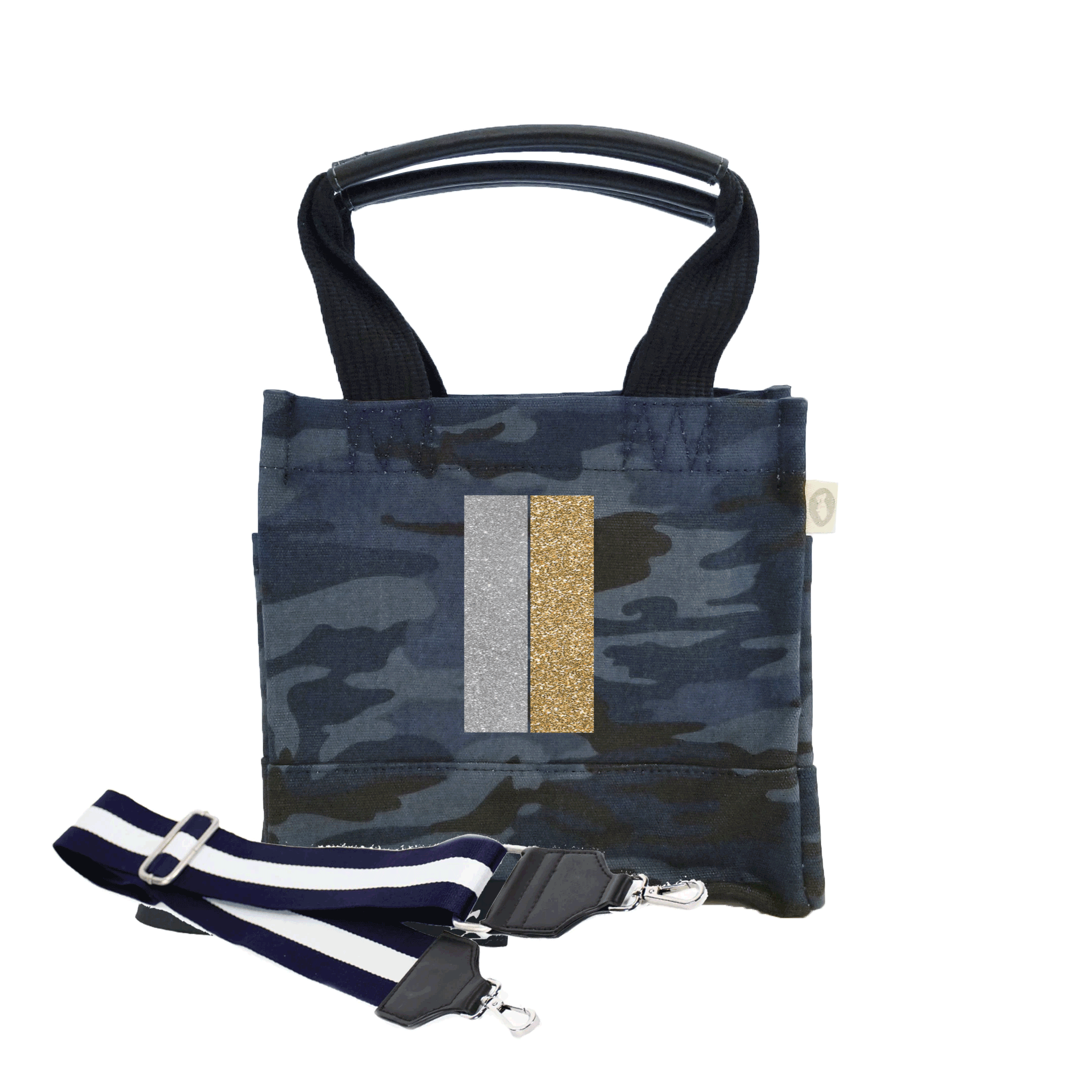 Mini Luxe North South: Dark Blue Camouflage with Color Stripes - Quilted Koala